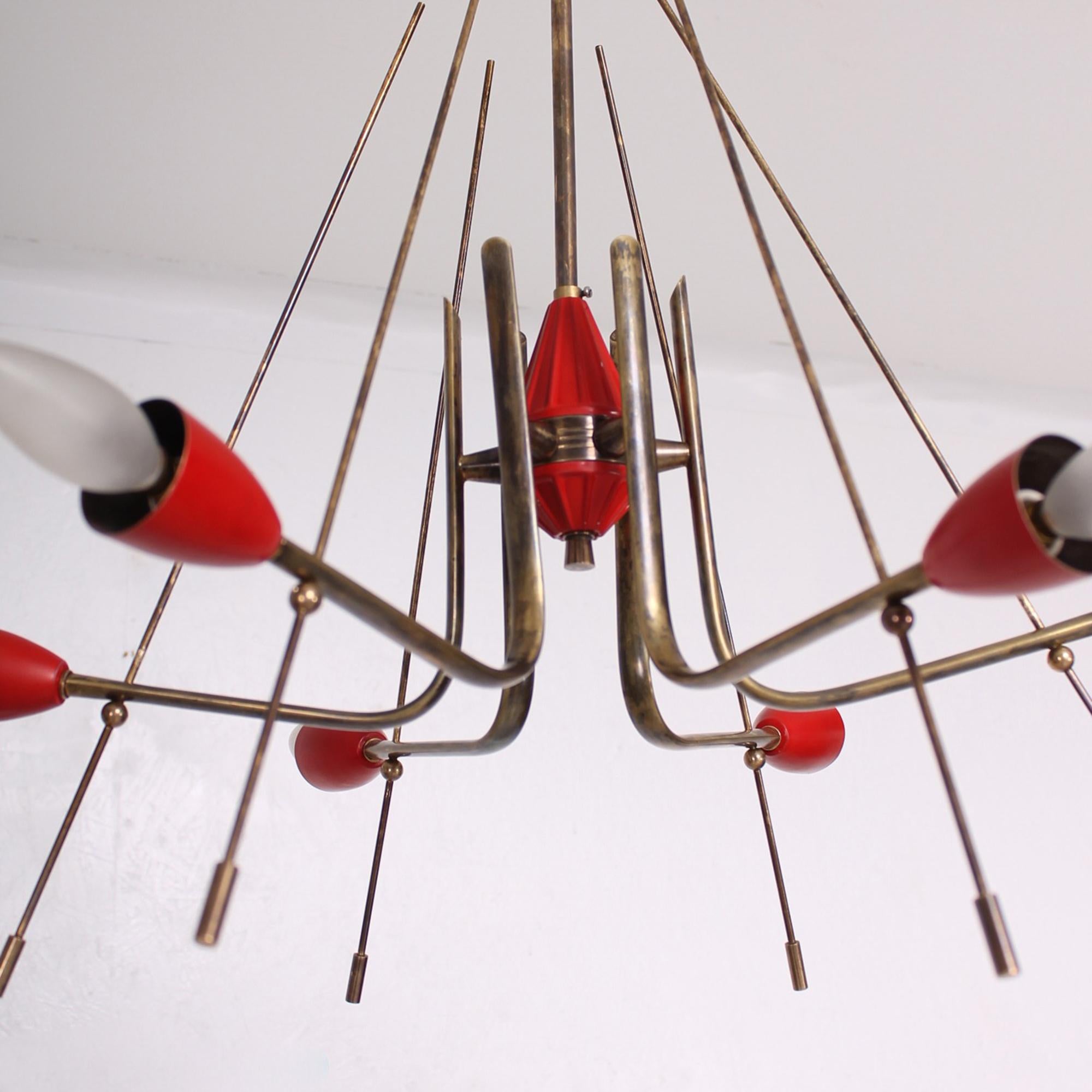 Italian STILNOVO Atomic Futuristic Solid Brass Chandelier Painted Red Italy 1950s