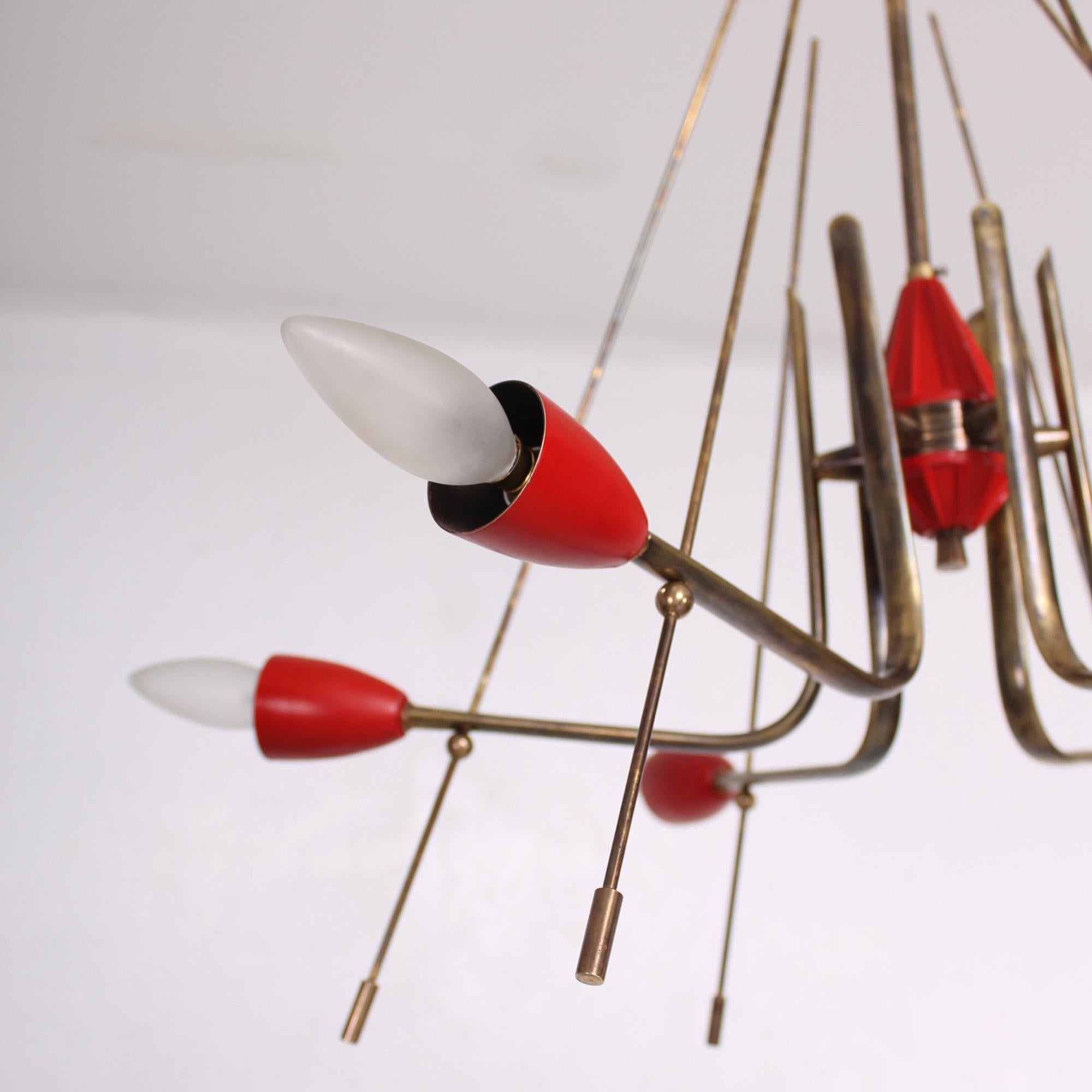 STILNOVO Atomic Futuristic Solid Brass Chandelier Painted Red Italy 1950s In Good Condition In Chula Vista, CA