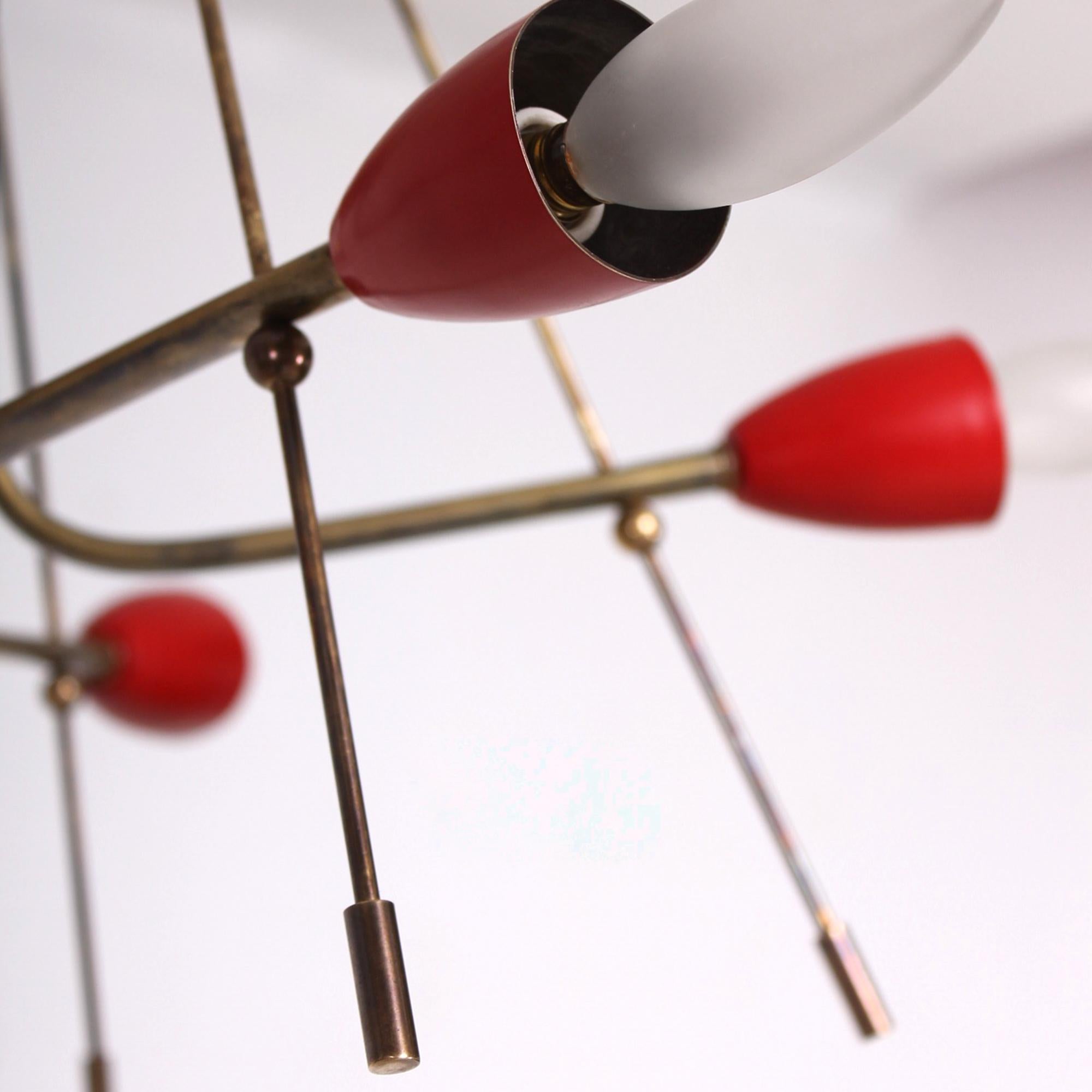 Mid-20th Century STILNOVO Atomic Futuristic Solid Brass Chandelier Painted Red Italy 1950s