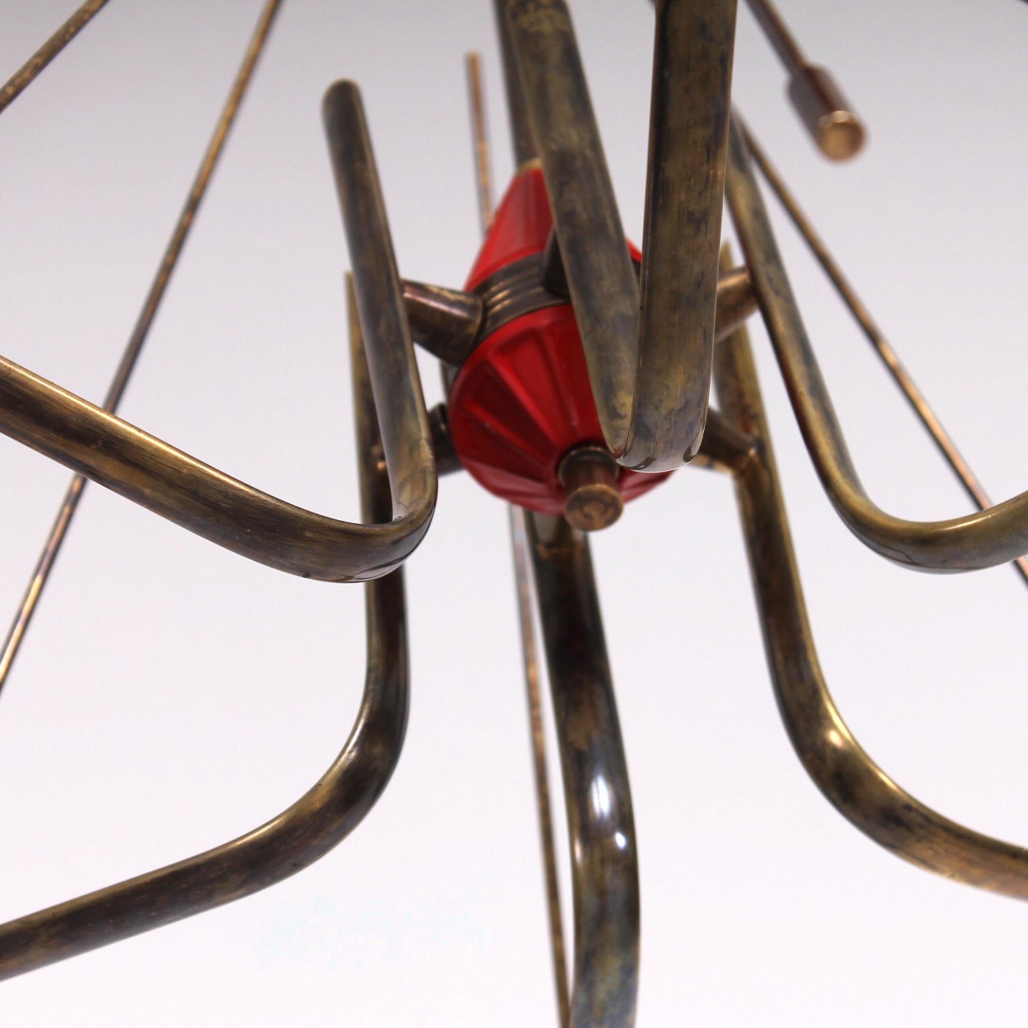 STILNOVO Atomic Futuristic Solid Brass Chandelier Painted Red Italy 1950s 1