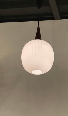 Stilnovo Stile Chandelier Opaline Glass Wood Metal, 1965, Italy