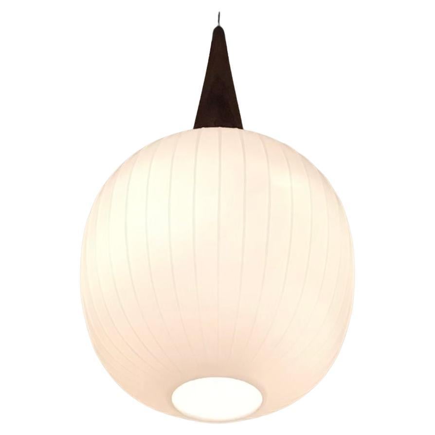 Stilnovo Stile Chandelier Opaline Glass Wood Metal, 1965, Italy