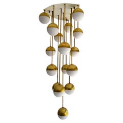 Stilnovo Style 18-Light Waterfall Large Chandelier in Brass and Opaline Glass