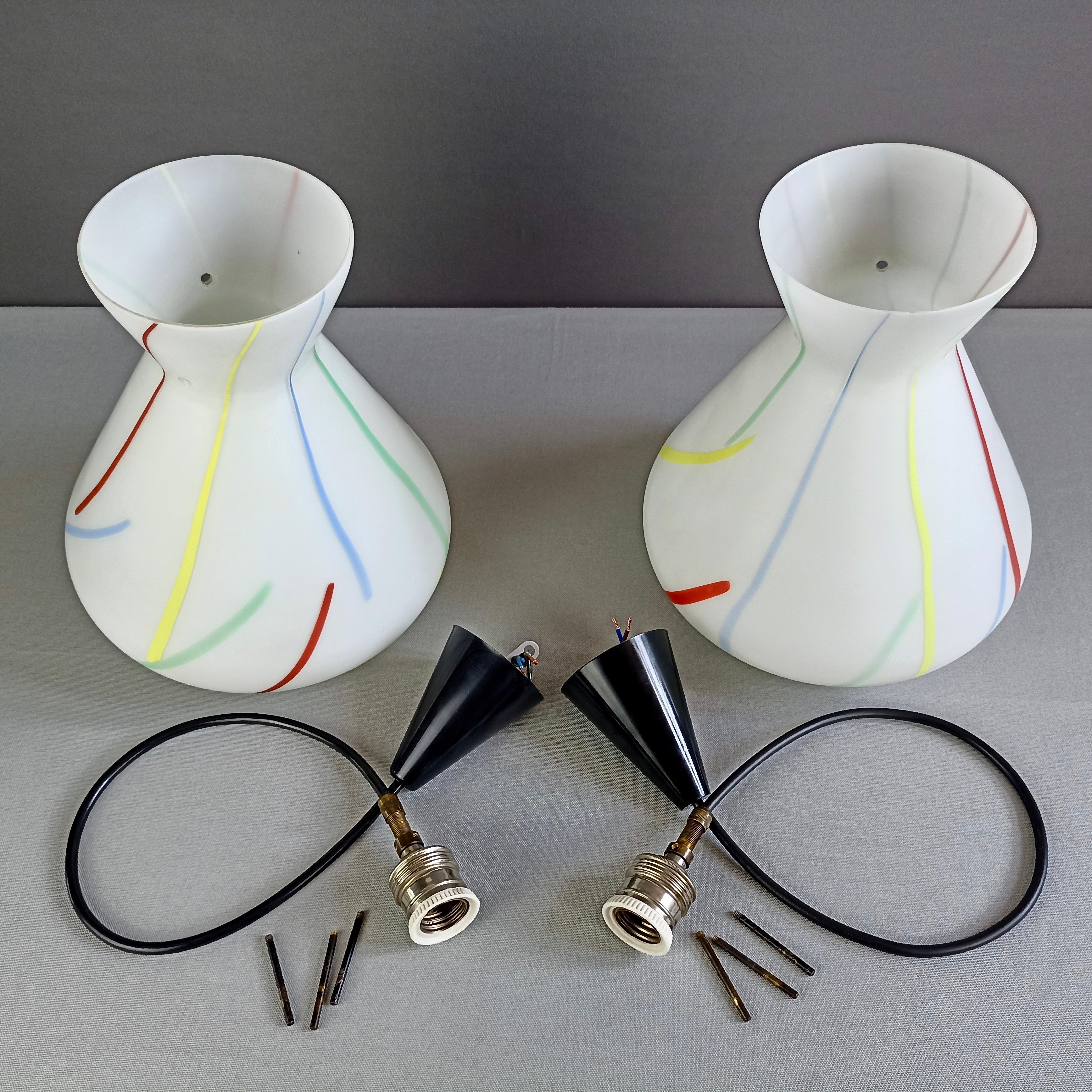 1950s Stilnovo Style Multi-Color Opaline Glass One-Light Pendant Lamps. A pair. For Sale 4