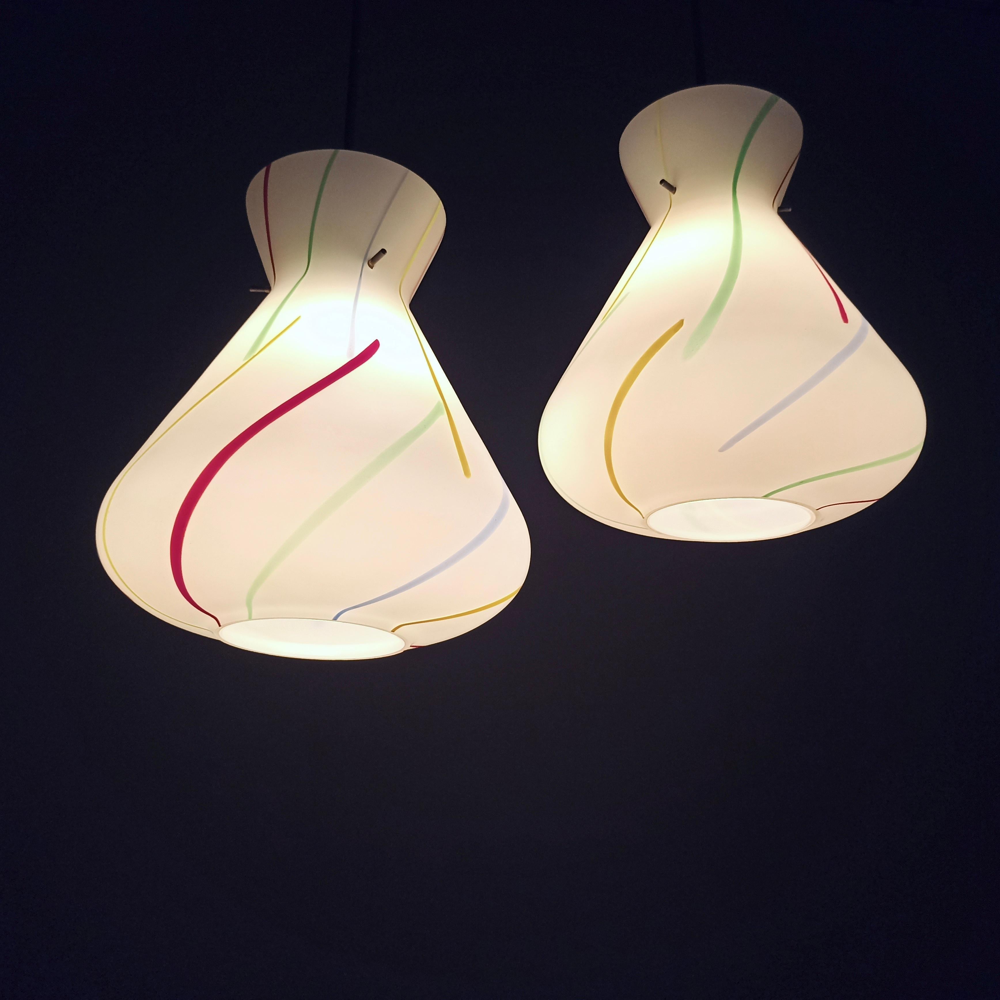 1950s Stilnovo Style Multi-Color Opaline Glass One-Light Pendant Lamps. A pair. For Sale 5