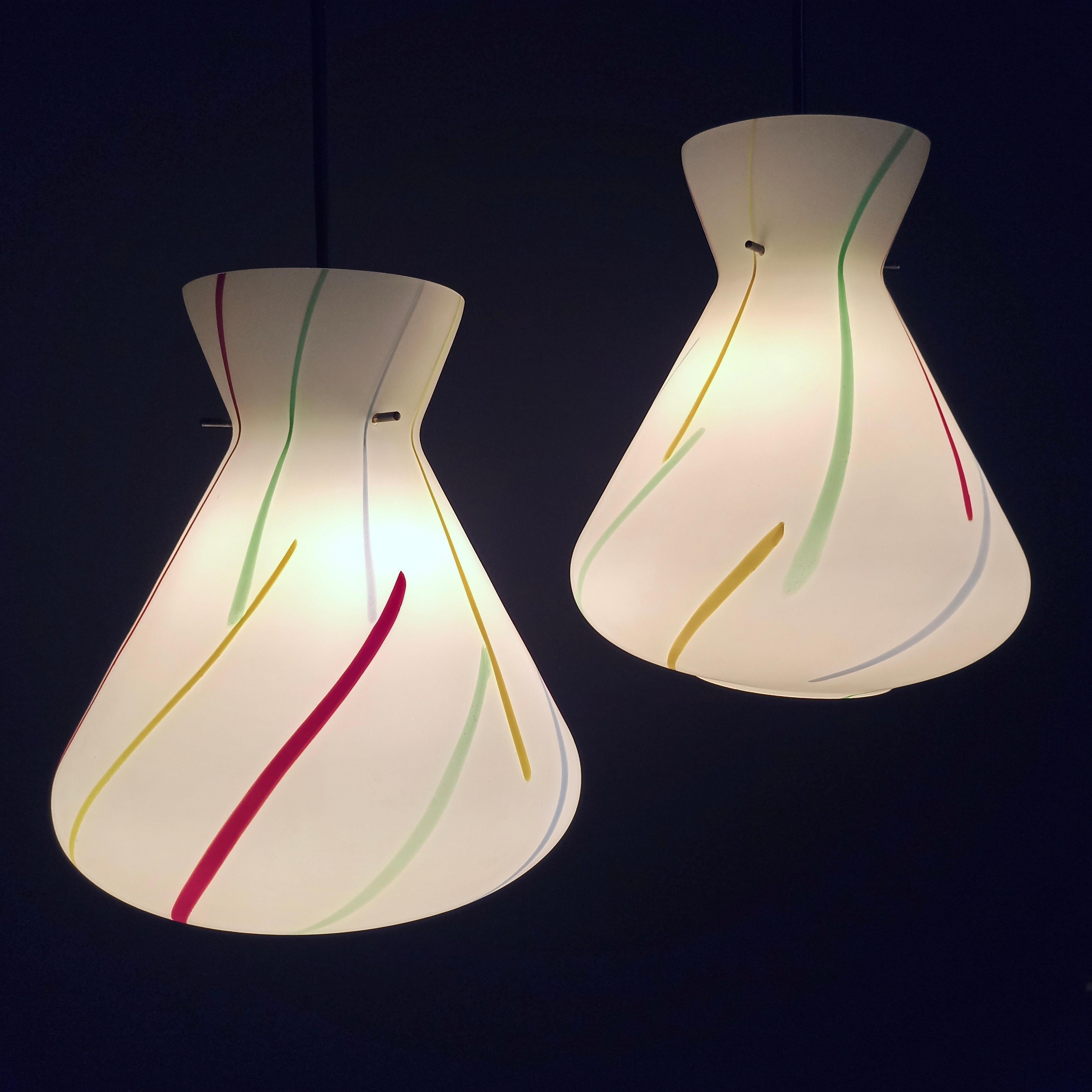 1950s Stilnovo Style Multi-Color Opaline Glass One-Light Pendant Lamps. A pair. For Sale 6