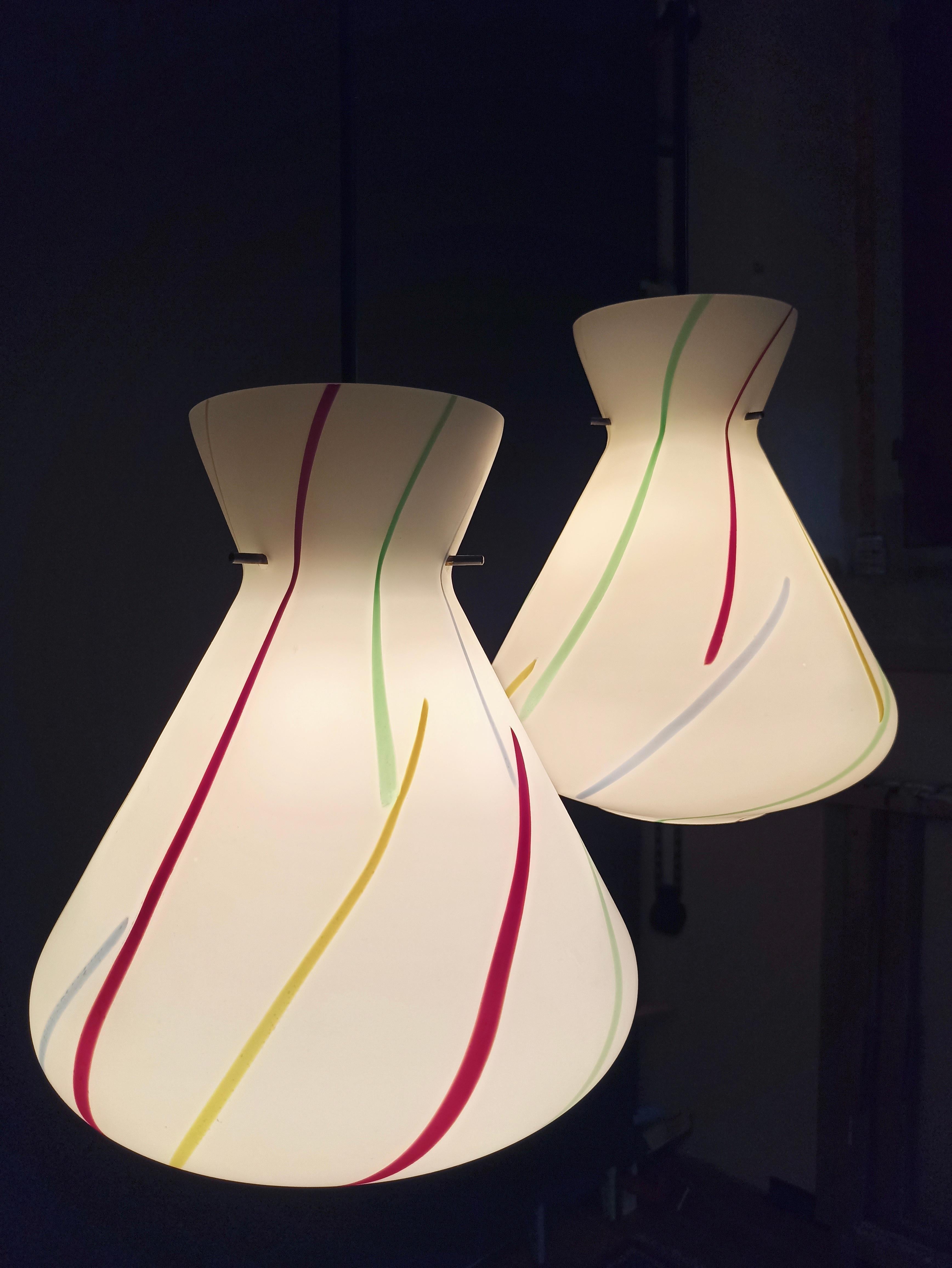 1950s Stilnovo Style Multi-Color Opaline Glass One-Light Pendant Lamps. A pair. For Sale 7