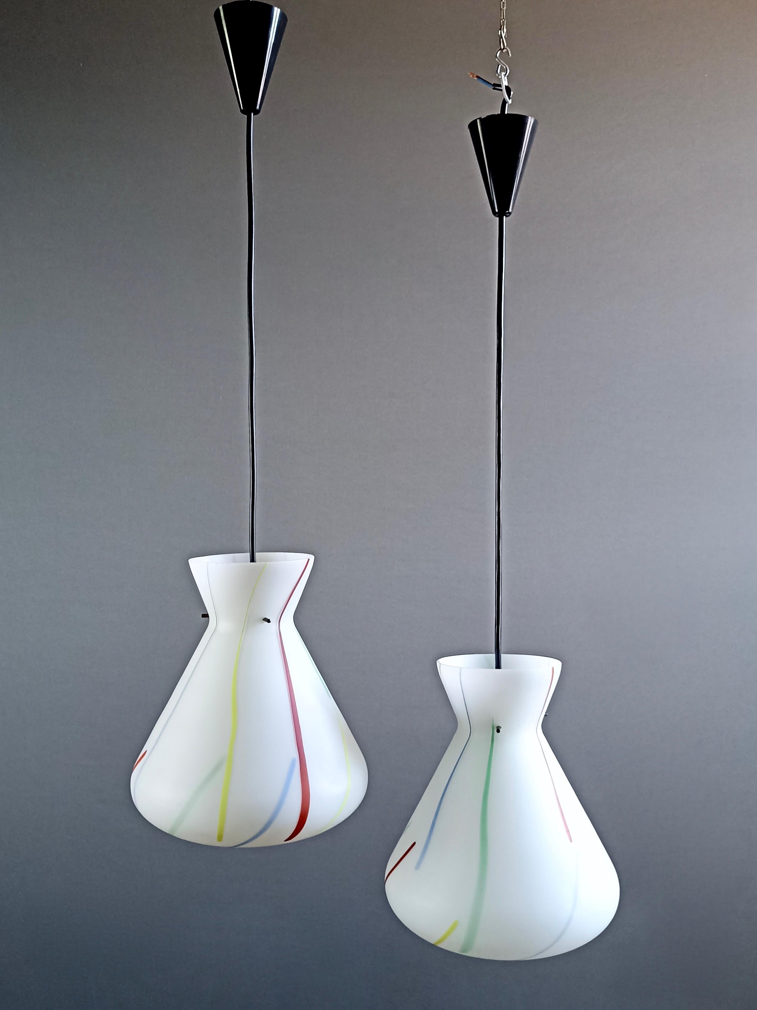 Mid-Century Modern 1950s Stilnovo Style Multi-Color Opaline Glass One-Light Pendant Lamps. A pair. For Sale