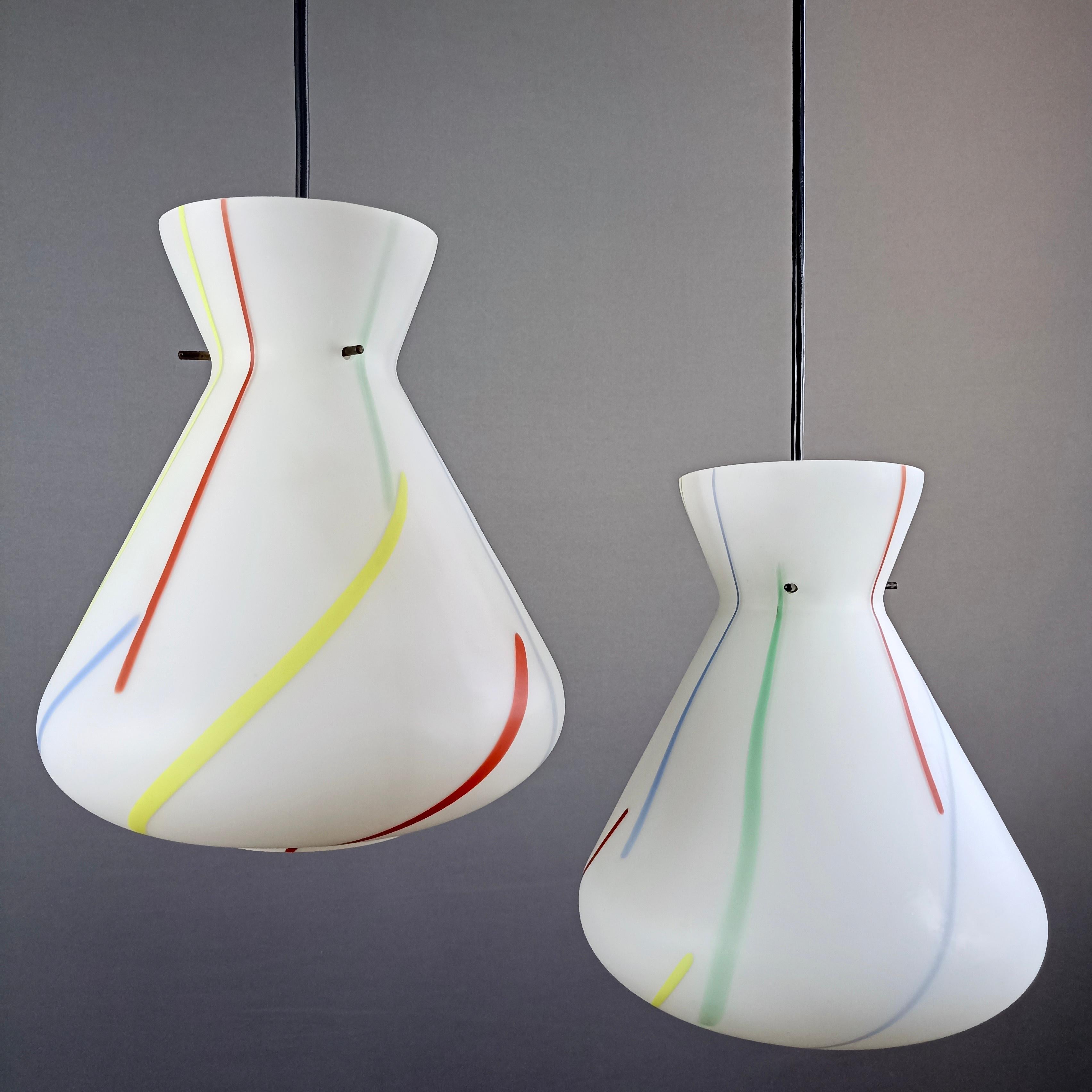 Italian 1950s Stilnovo Style Multi-Color Opaline Glass One-Light Pendant Lamps. A pair. For Sale