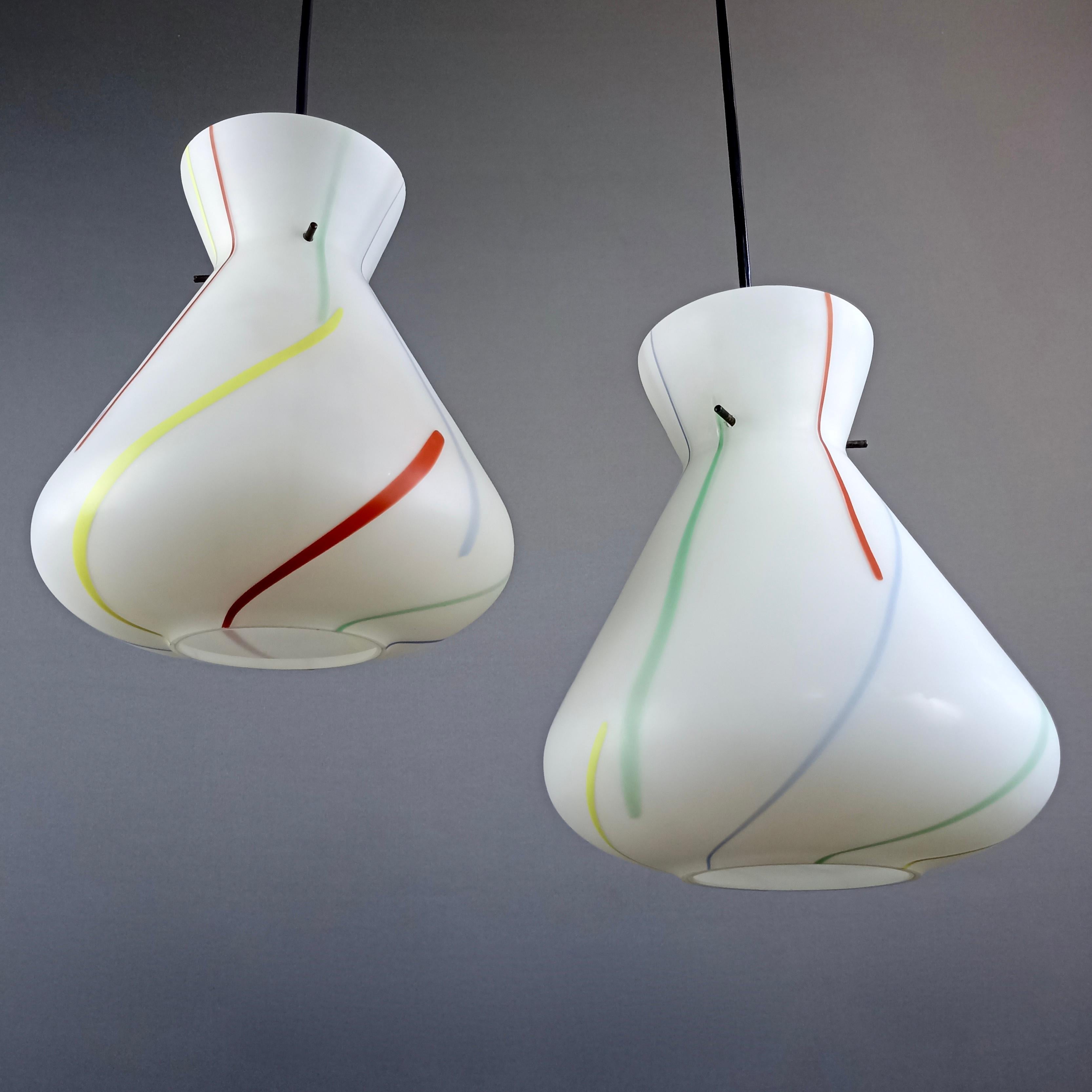 Hand-Crafted 1950s Stilnovo Style Multi-Color Opaline Glass One-Light Pendant Lamps. A pair. For Sale