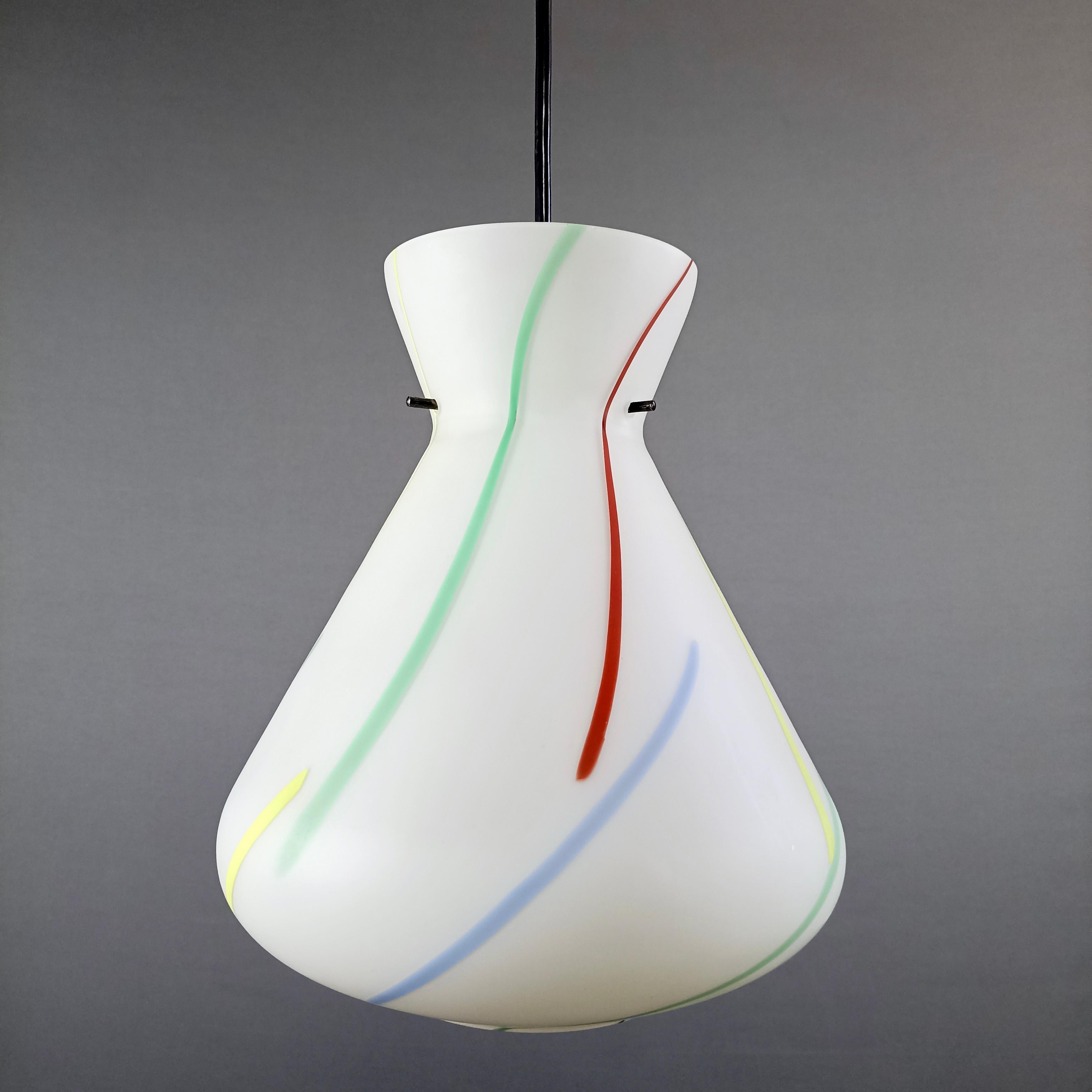 Mid-20th Century 1950s Stilnovo Style Multi-Color Opaline Glass One-Light Pendant Lamps. A pair. For Sale