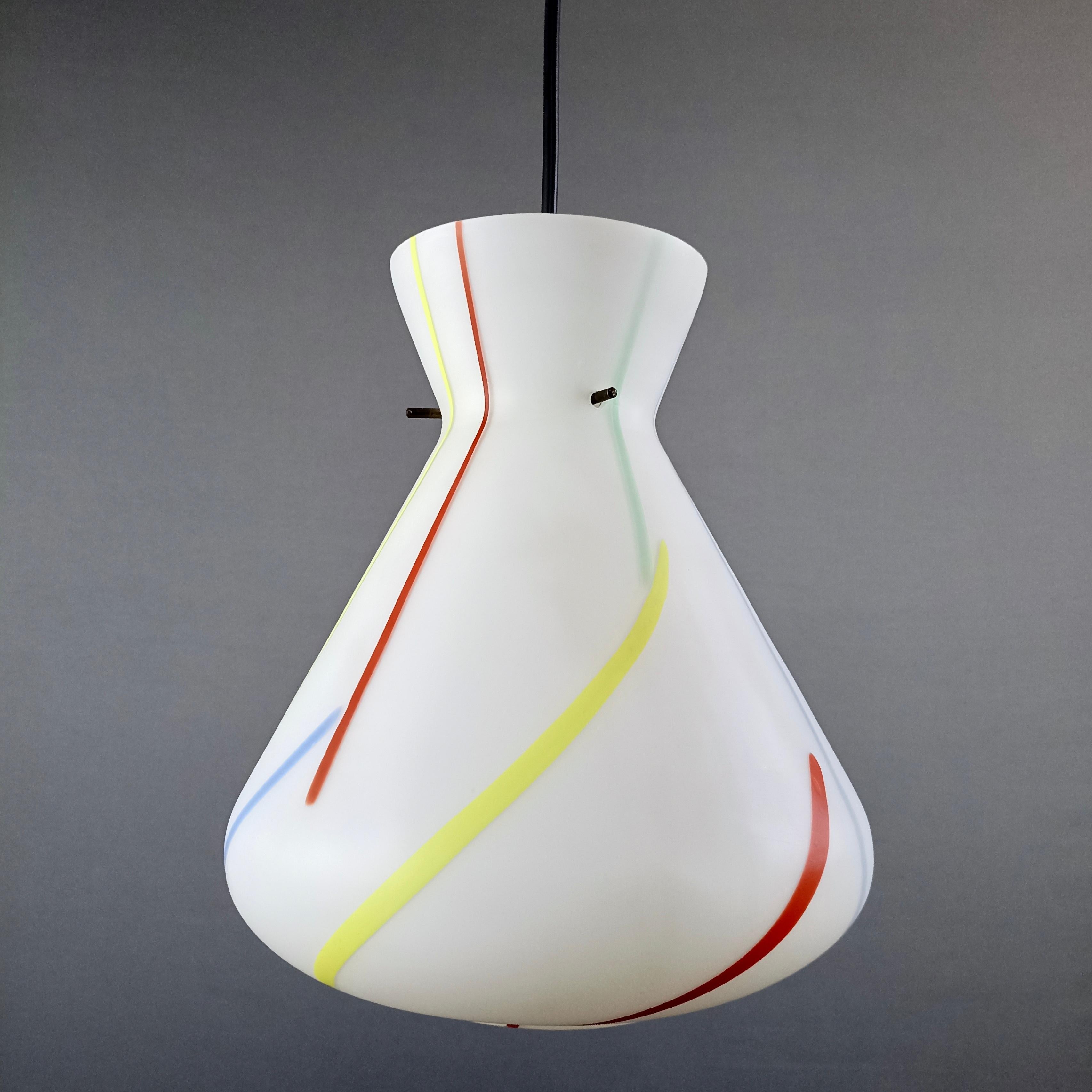 1950s Stilnovo Style Multi-Color Opaline Glass One-Light Pendant Lamps. A pair. For Sale 1