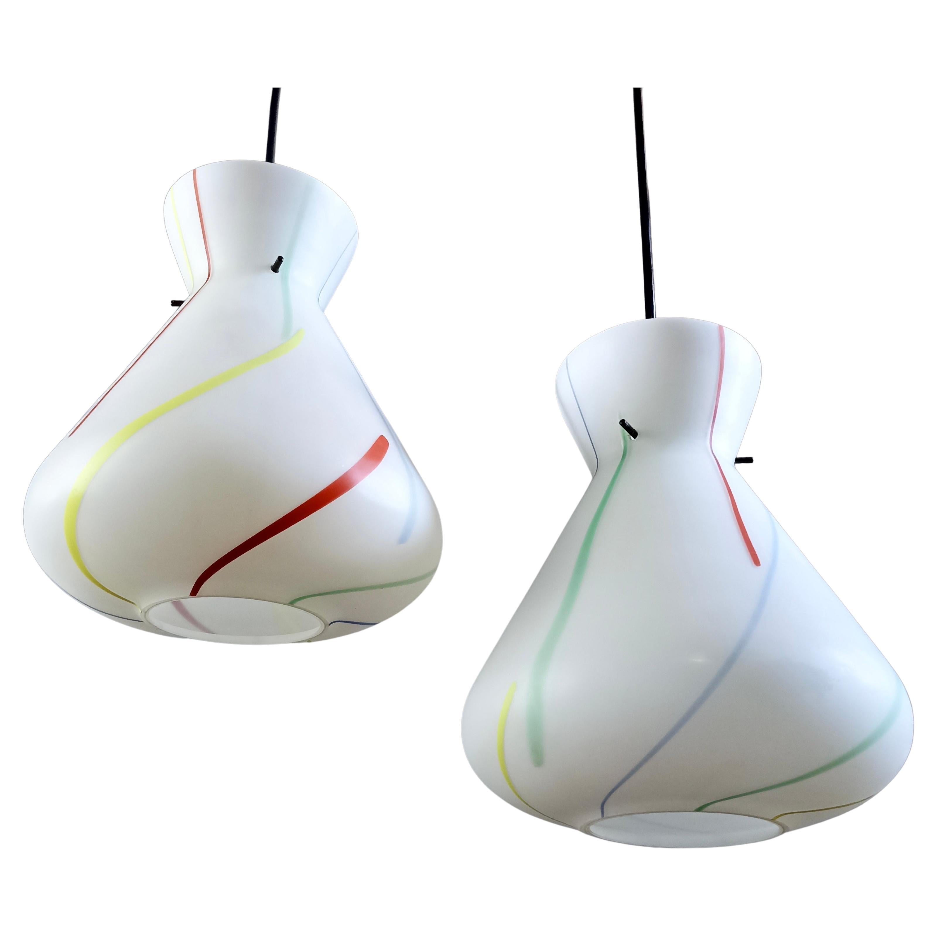 1950s Stilnovo Style Multi-Color Opaline Glass One-Light Pendant Lamps. A pair. For Sale