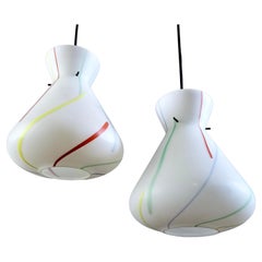 Retro 1950s Stilnovo Style Multi-Color Opaline Glass One-Light Pendant Lamps. A pair.