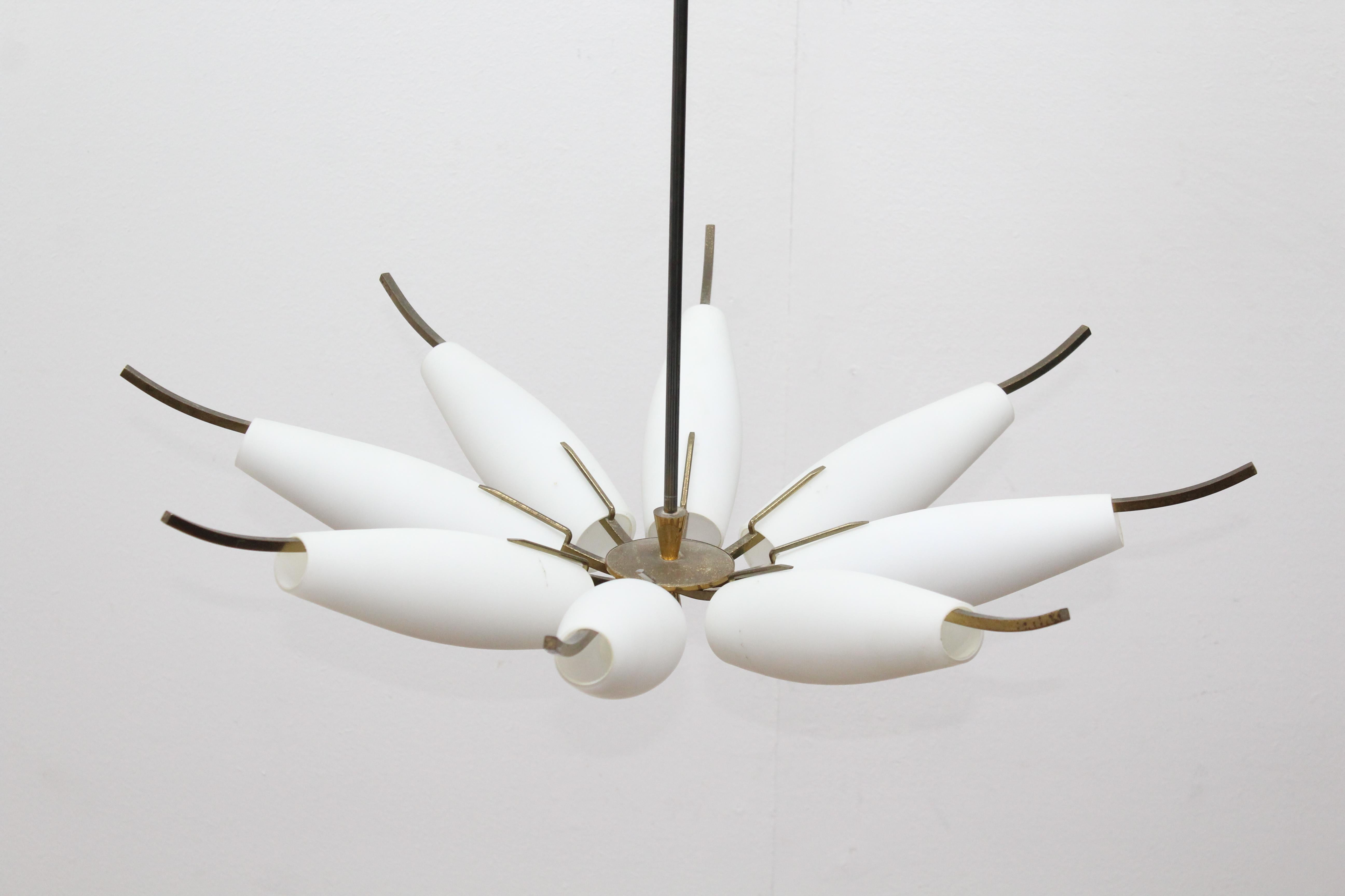 Stilnovo brass chandelier (attributed) with 8 opaline glass shades, circa 1950s, Italy.
Wear consistent with age and use.