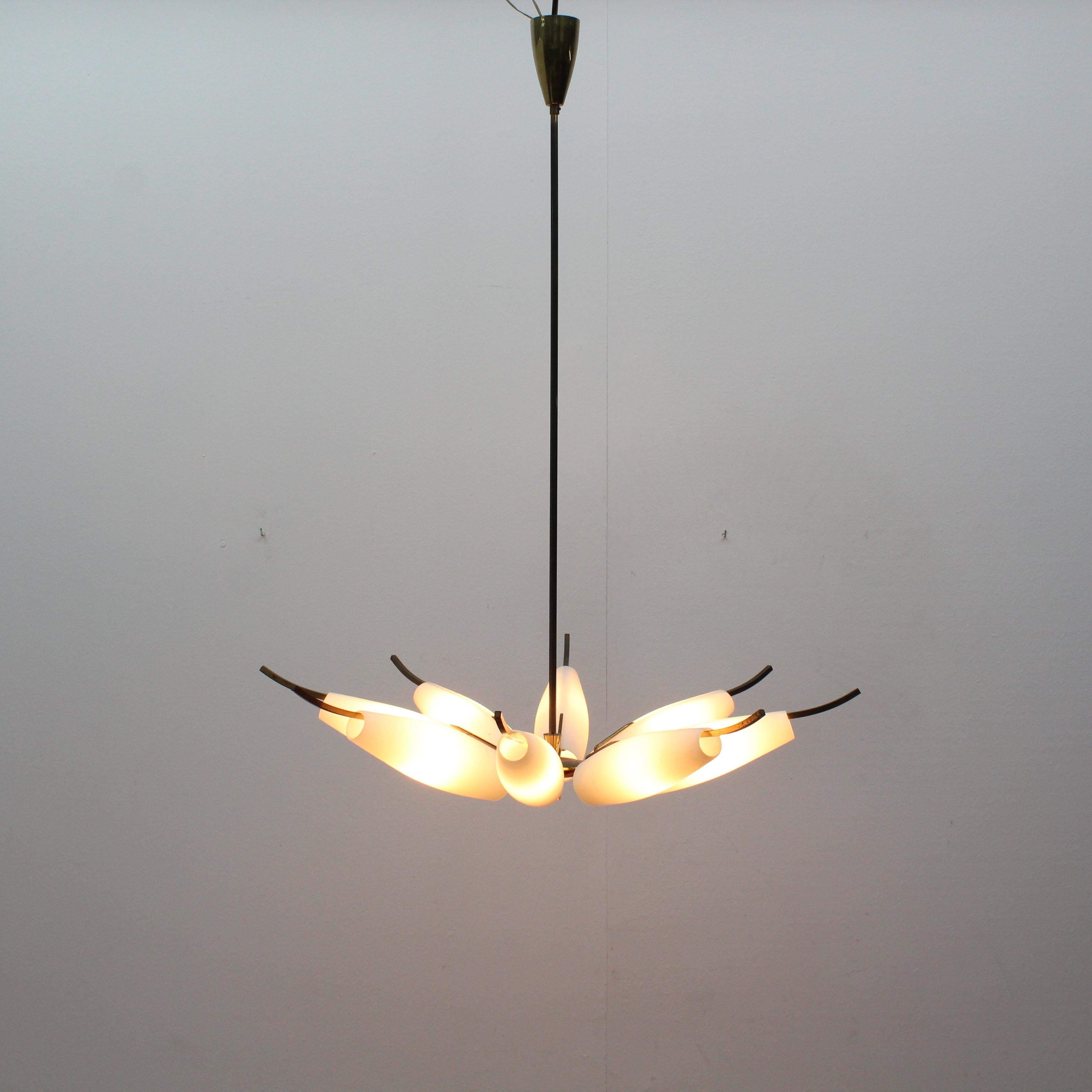 Midcentury Brass and Opaline Glass Chandelier Stilnovo  Italy 1950s  1