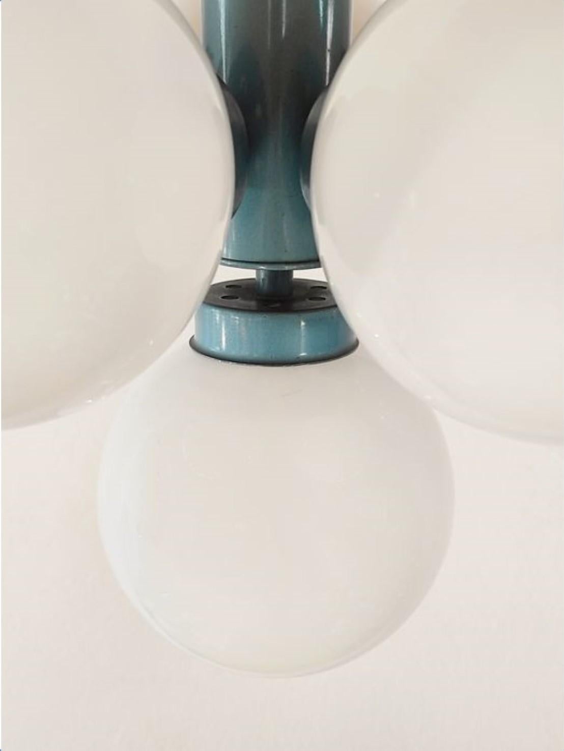 Stilnovo Style Blown Opaline Glass Blue Enamel Six-Light Chandelier, Italy 1960s 2