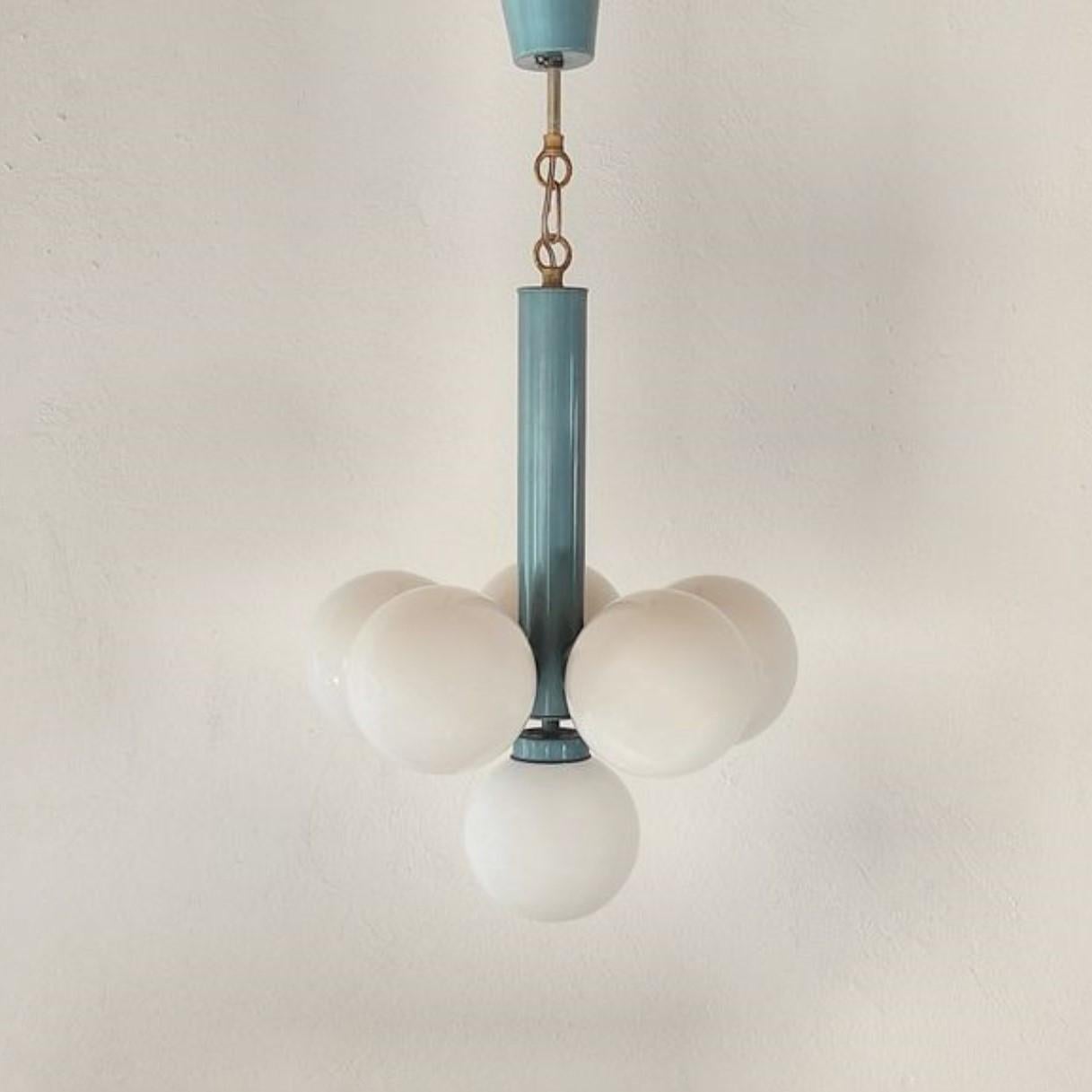 Mid-Century Modern Stilnovo Style Blown Opaline Glass Blue Enamel Six-Light Chandelier, Italy 1960s