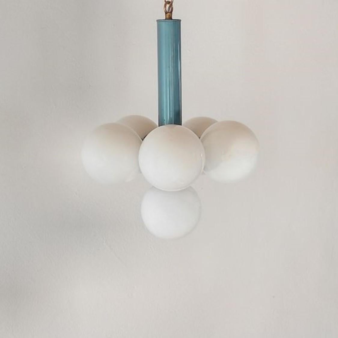 20th Century Stilnovo Style Blown Opaline Glass Blue Enamel Six-Light Chandelier, Italy 1960s