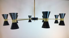 Stilnovo Style Brass and 8-Arm Black Enameled Perforated Steel Cones Chandelier