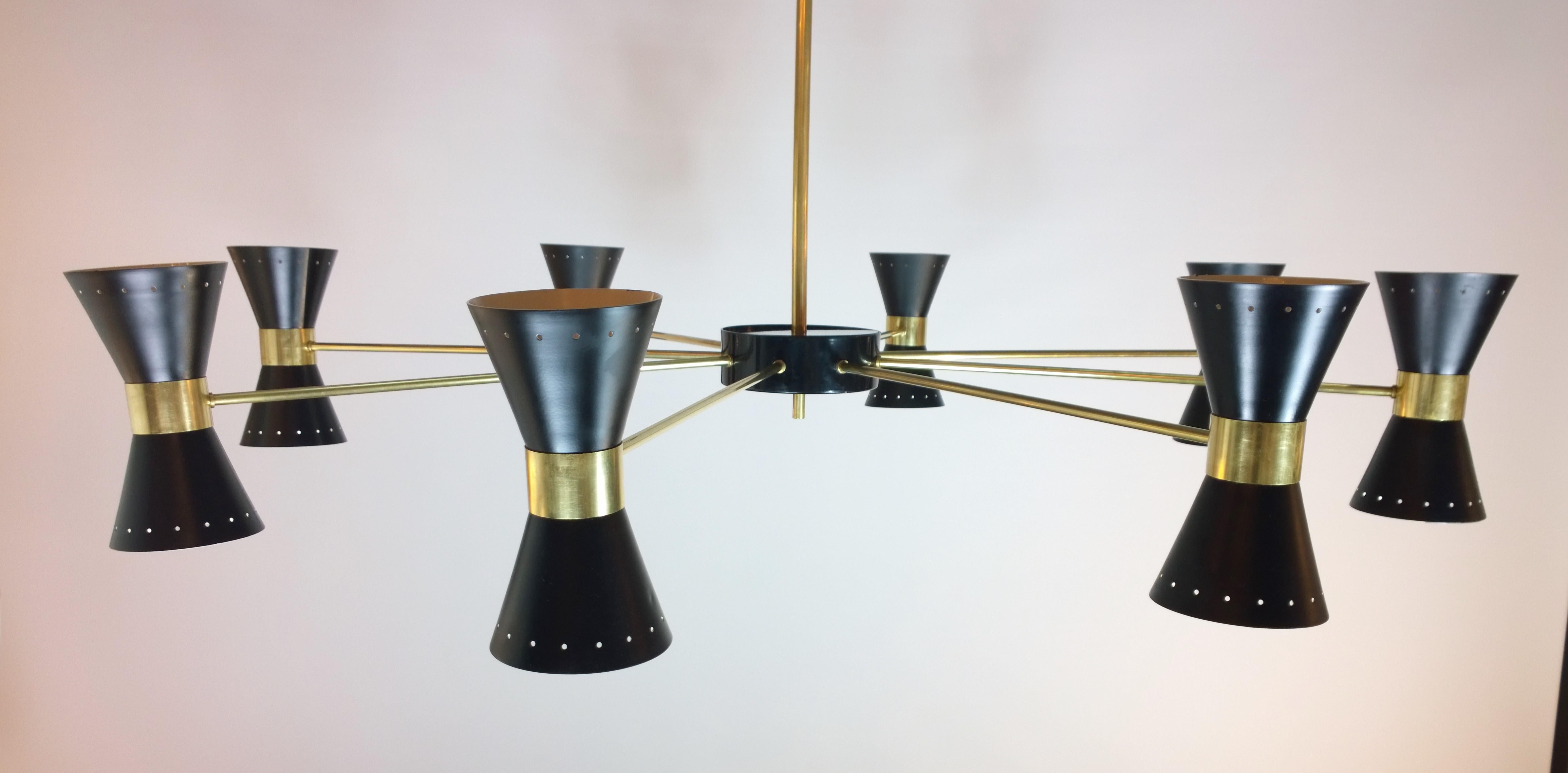 Mid-Century Modern Stilnovo Style Brass and 8-Arm Black Enameled Perforated Steel Cones Chandelier