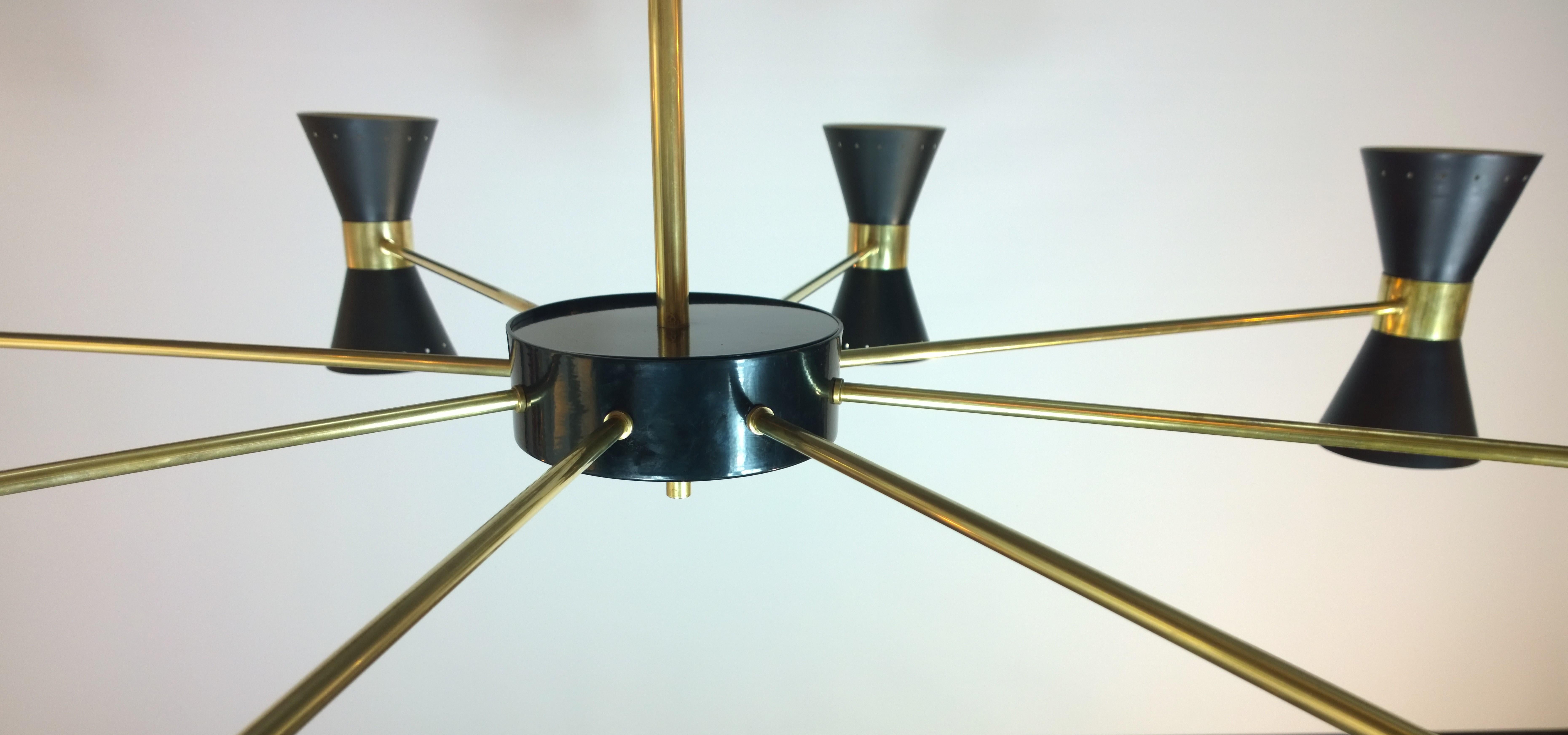 Stilnovo Style Brass and 8-Arm Black Enameled Perforated Steel Cones Chandelier In Good Condition In Houston, TX