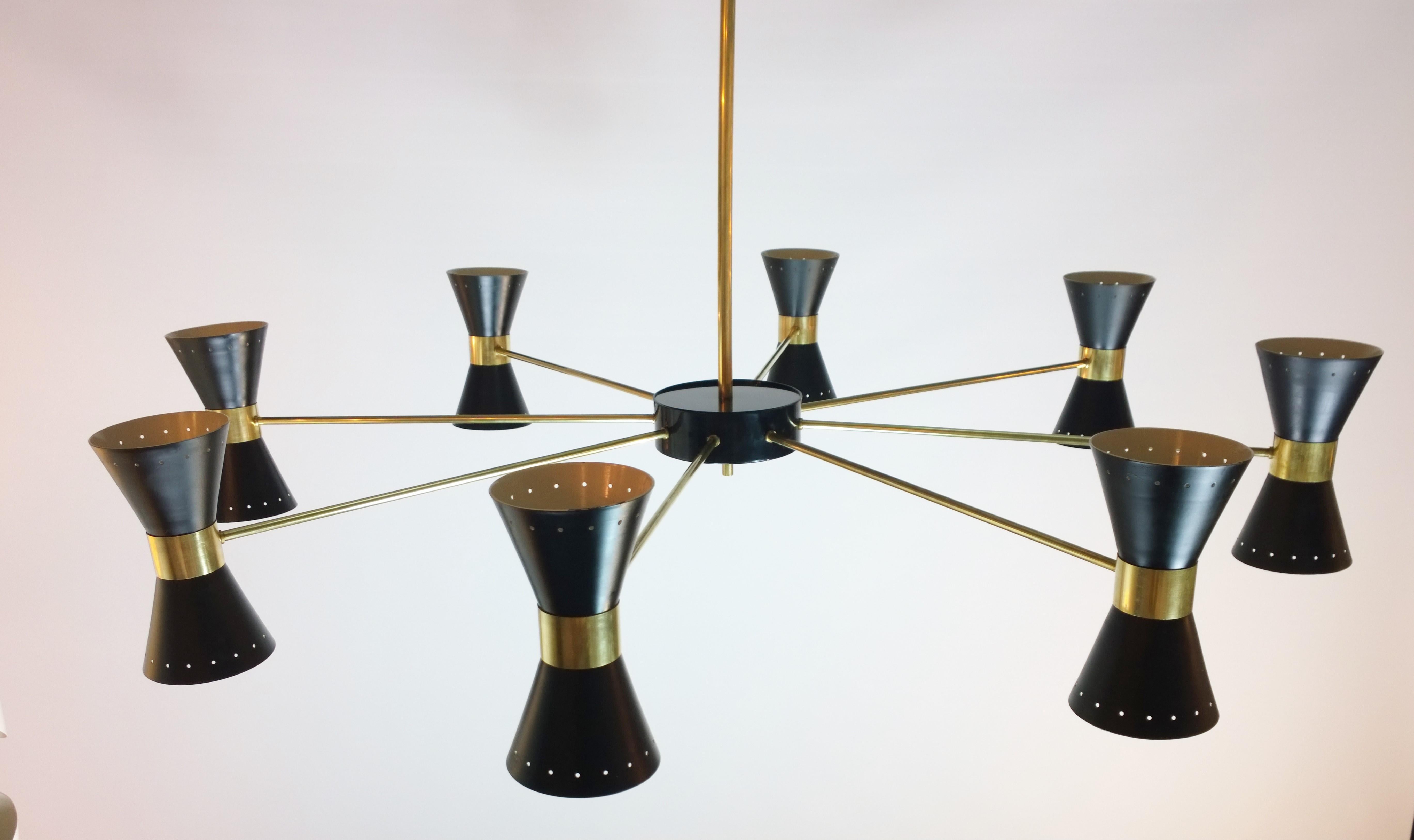 20th Century Stilnovo Style Brass and 8-Arm Black Enameled Perforated Steel Cones Chandelier