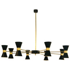 Stilnovo Style Brass and 8-Arm Black Enameled Perforated Steel Cones Chandelier