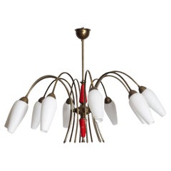 Stilnovo Style Brass and Glass Chandelier with Red Accents