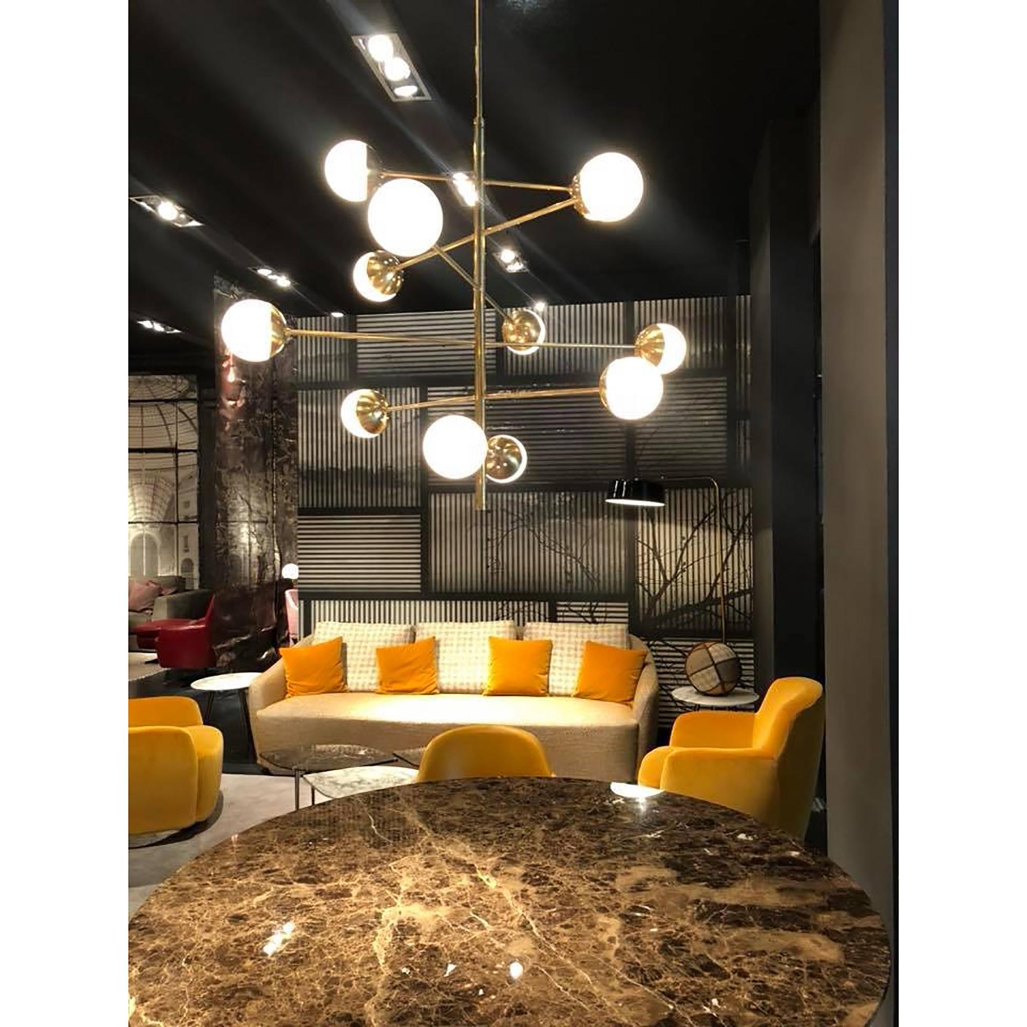 Stilnovo Style Brass and Opaline Glass Globes Italian Radial Chandelier For Sale 5