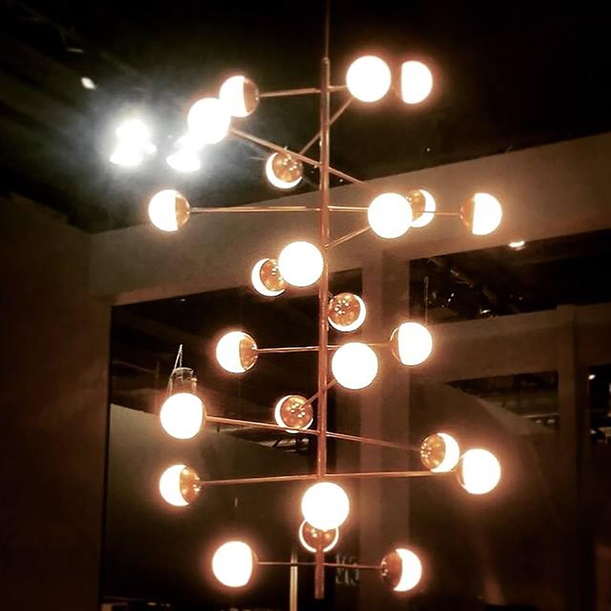 Stilnovo Style Brass and Opaline Glass Globes Italian Radial Chandelier For Sale 6