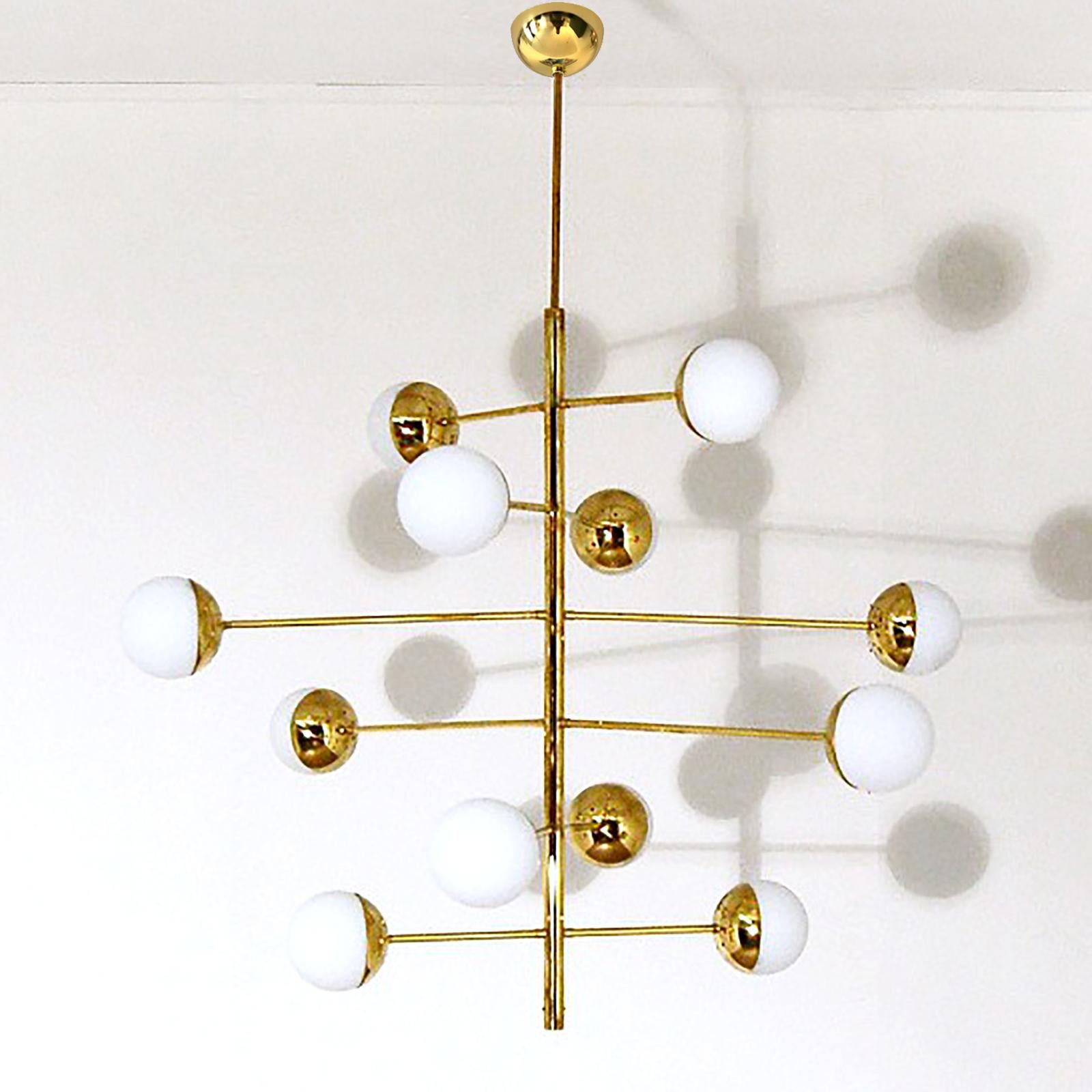 Contemporary Stilnovo Style Brass and Opaline Glass Globes Italian Radial Chandelier For Sale