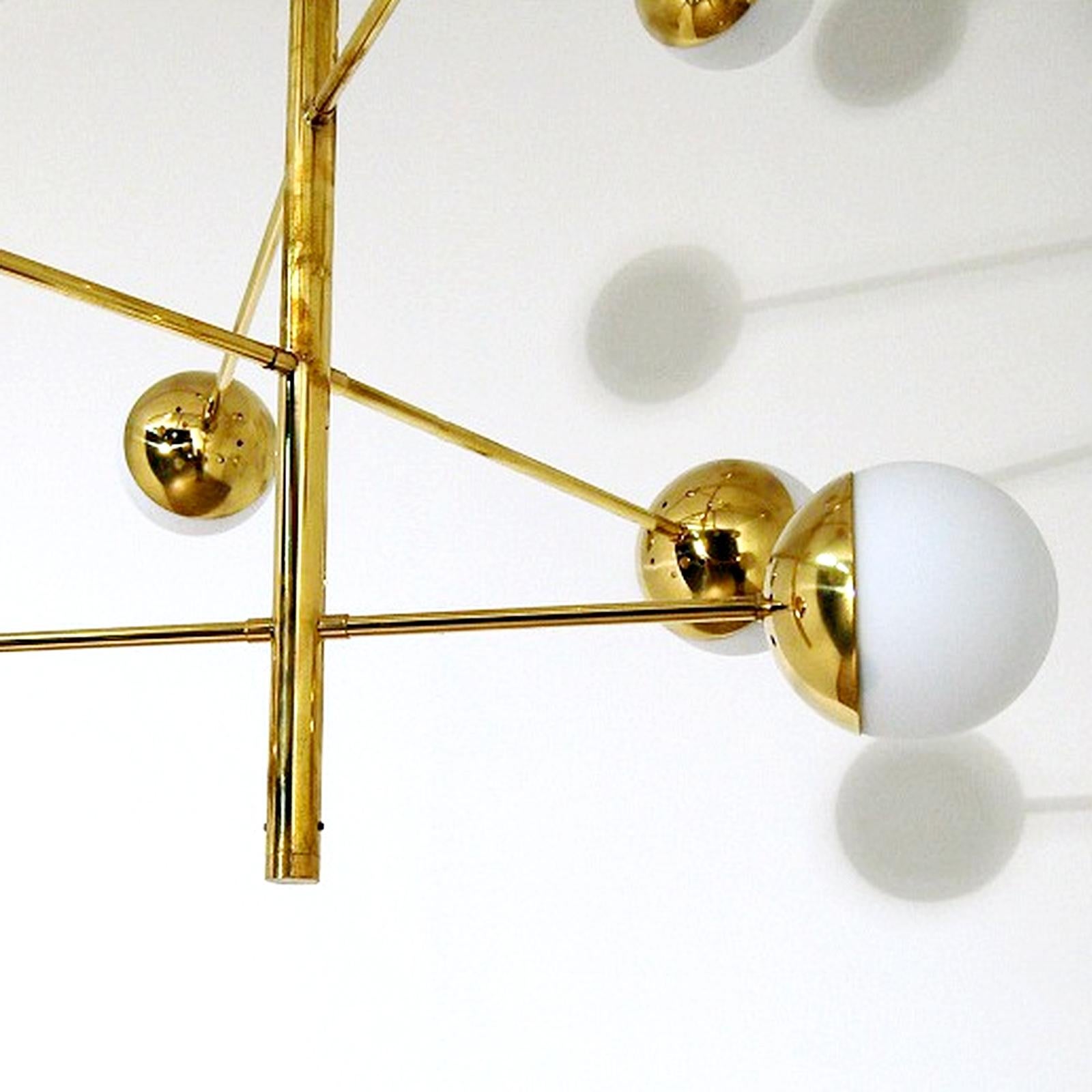 Stilnovo Style Brass and Opaline Glass Globes Italian Radial Chandelier For Sale 1