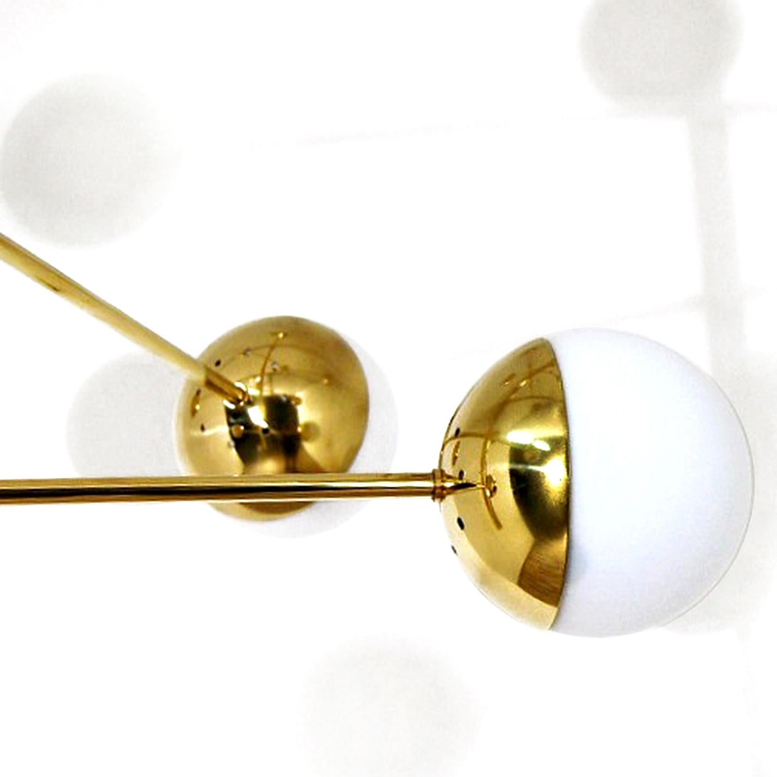 Stilnovo Style Brass and Opaline Glass Globes Italian Radial Chandelier For Sale 2