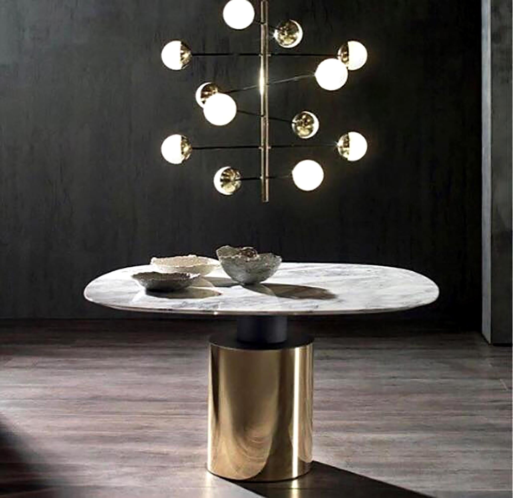 Stilnovo Style Brass and Opaline Glass Globes Italian Radial Chandelier For Sale 3
