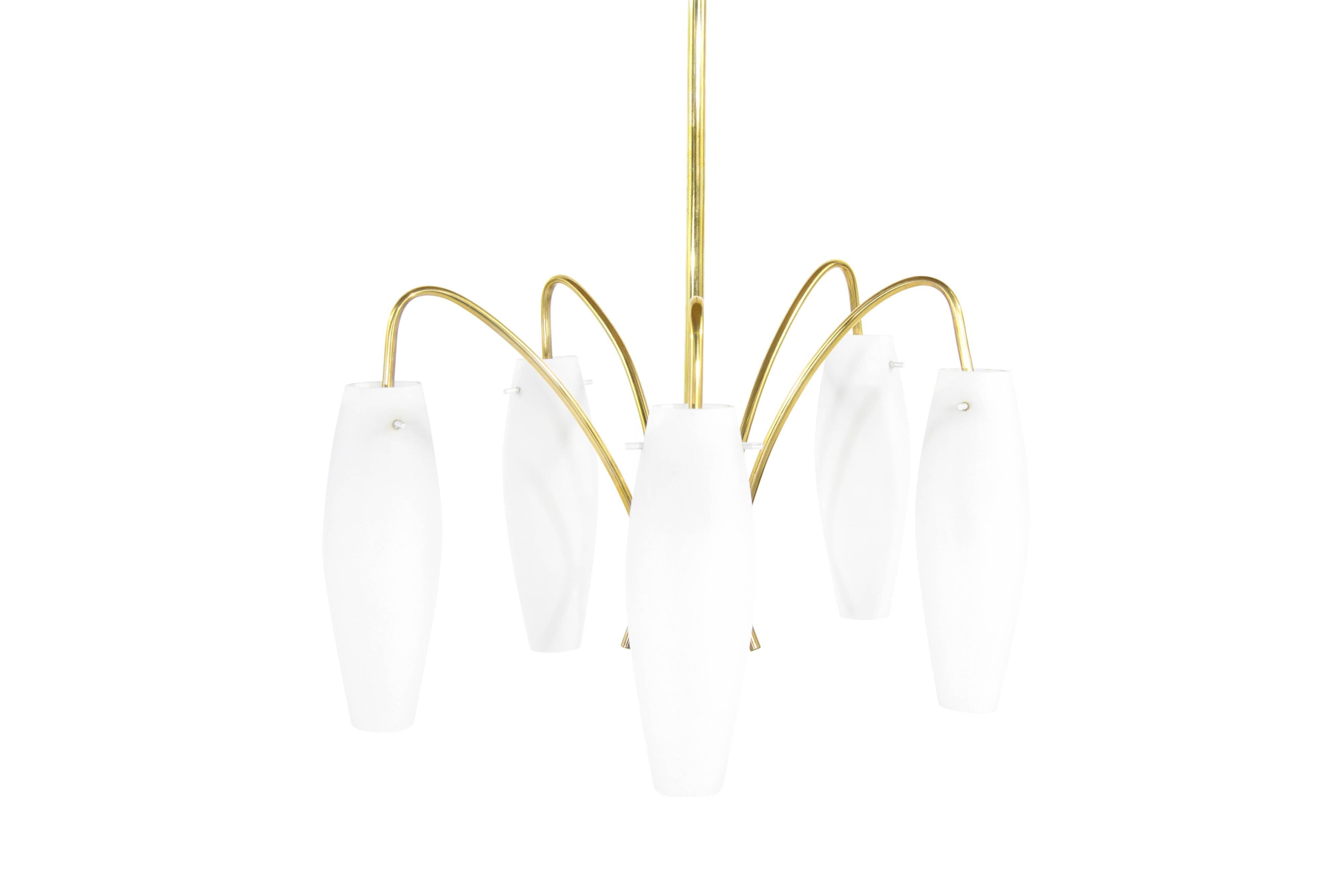 A petite light fixture in the style of Stilnovo; featuring five brass arms ending in opaque glass ovoid shades. Newly rewired. Ceiling drop adjustable.