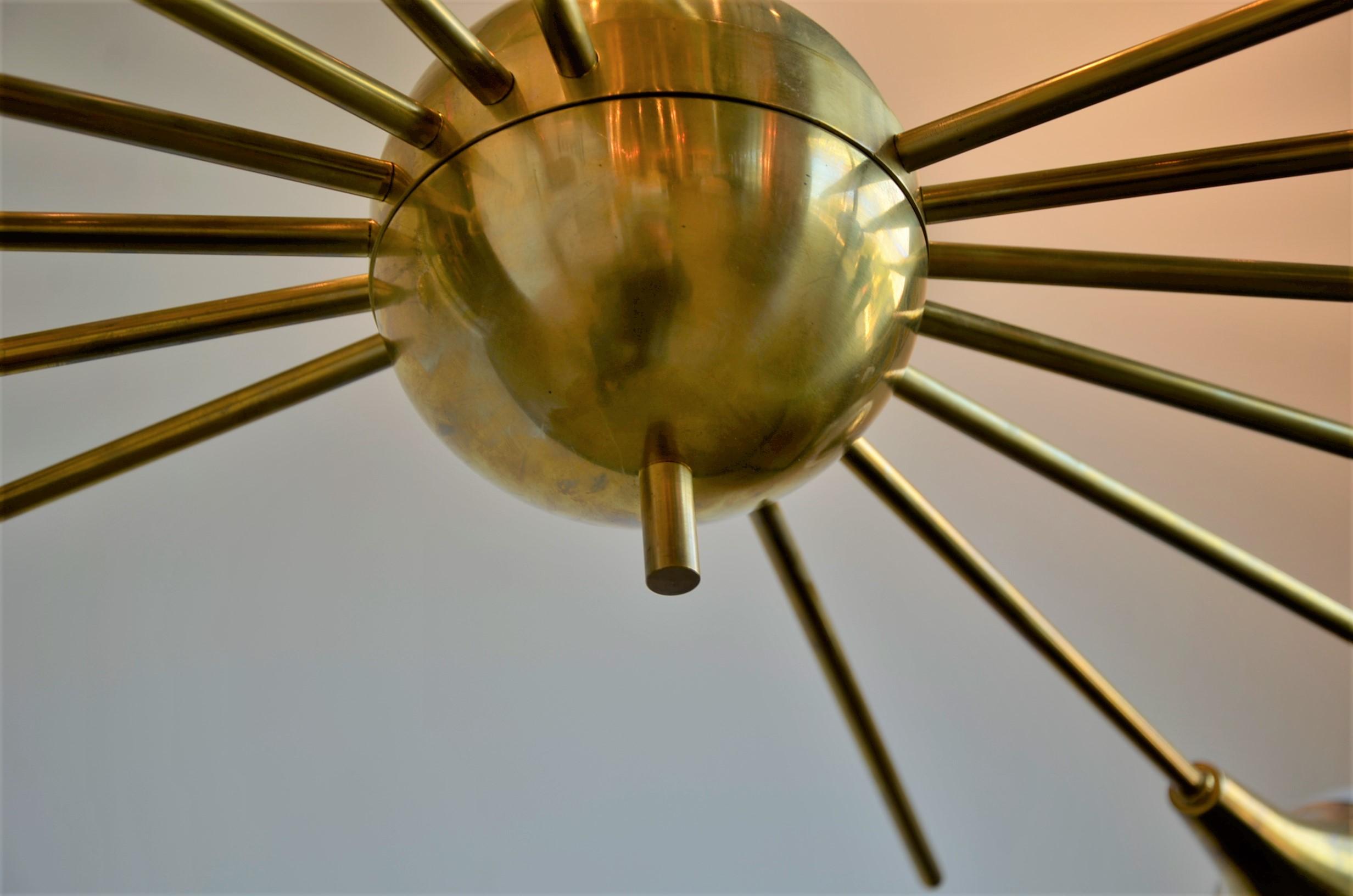 Stilnovo Style Brass Frame & 6 Torchère w/ White Glass Globe Sputnik Chandelier For Sale 2