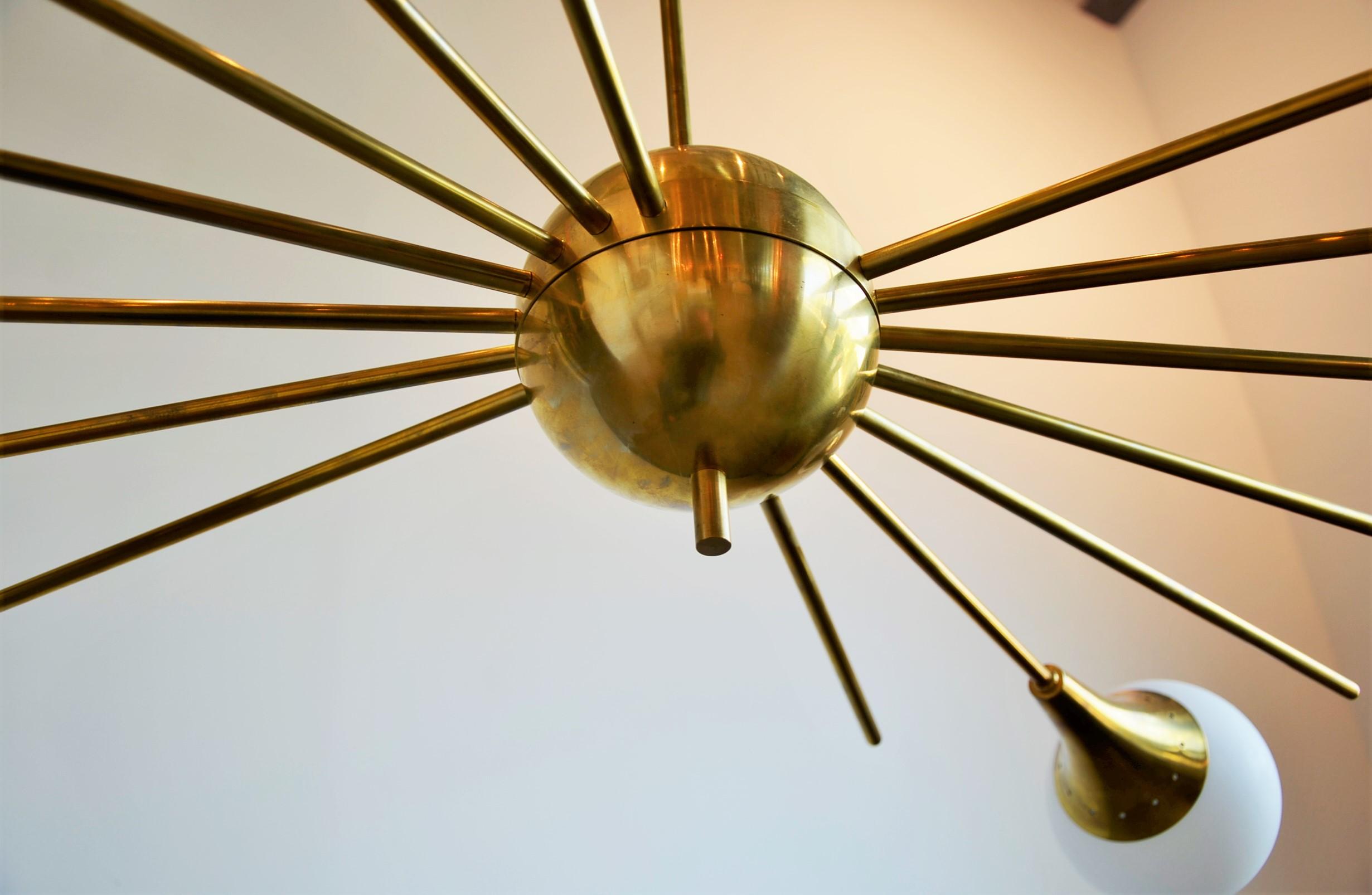 Stilnovo Style Brass Frame & 6 Torchère w/ White Glass Globe Sputnik Chandelier For Sale 3
