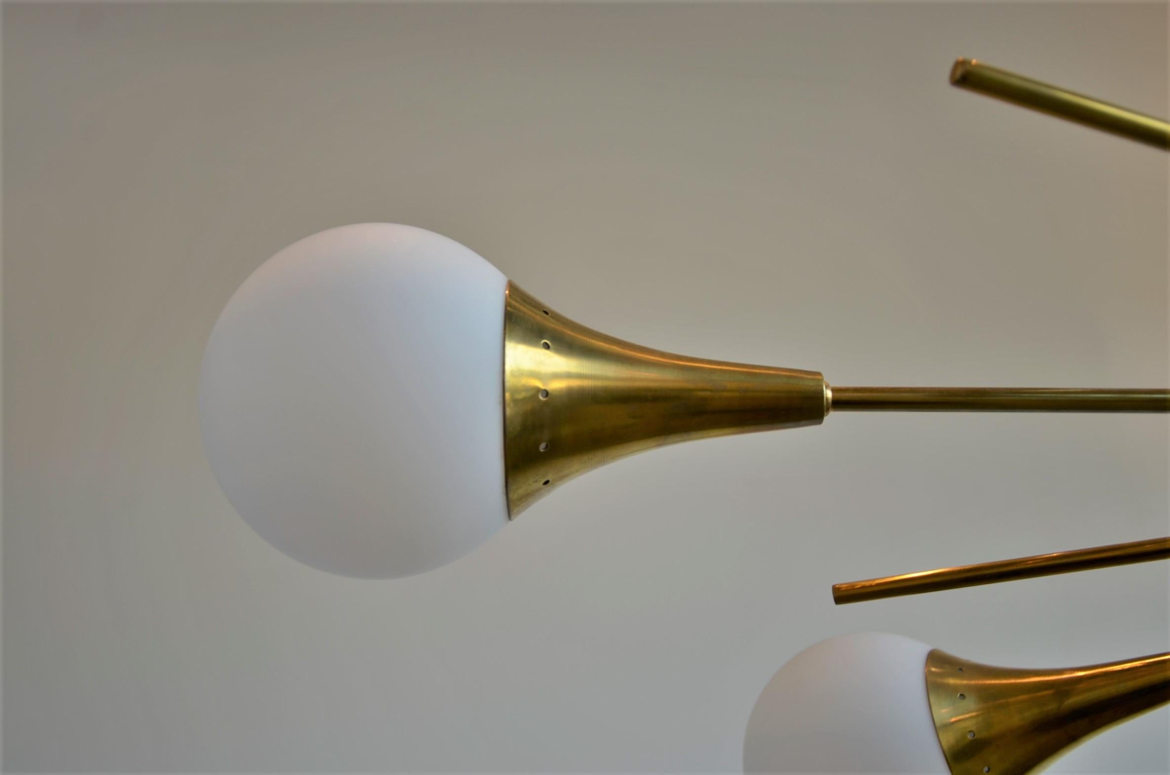 Stilnovo Style Brass Frame & 6 Torchère w/ White Glass Globe Sputnik Chandelier For Sale 8