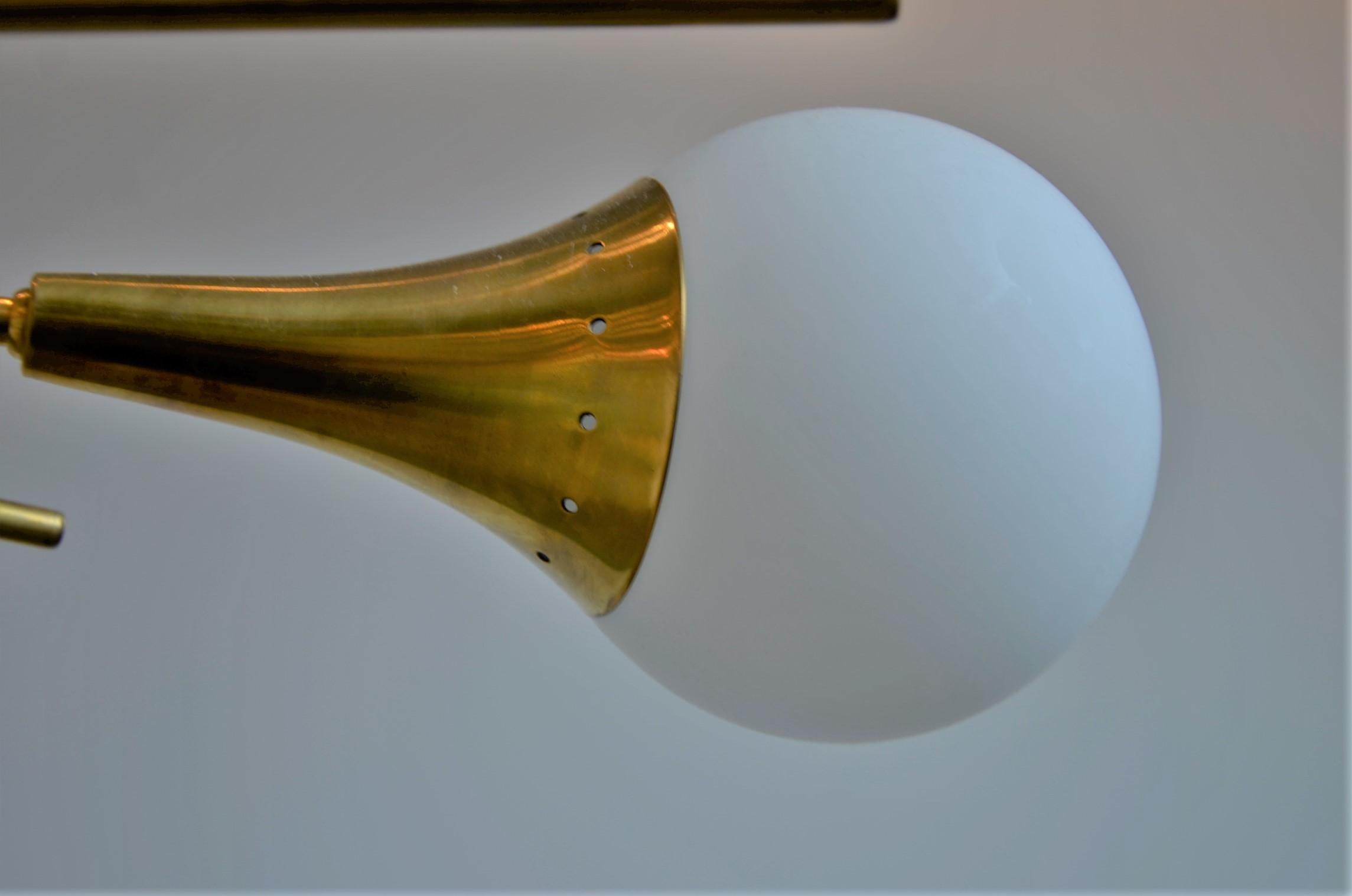 Stilnovo Style Brass Frame & 6 Torchère w/ White Glass Globe Sputnik Chandelier For Sale 9