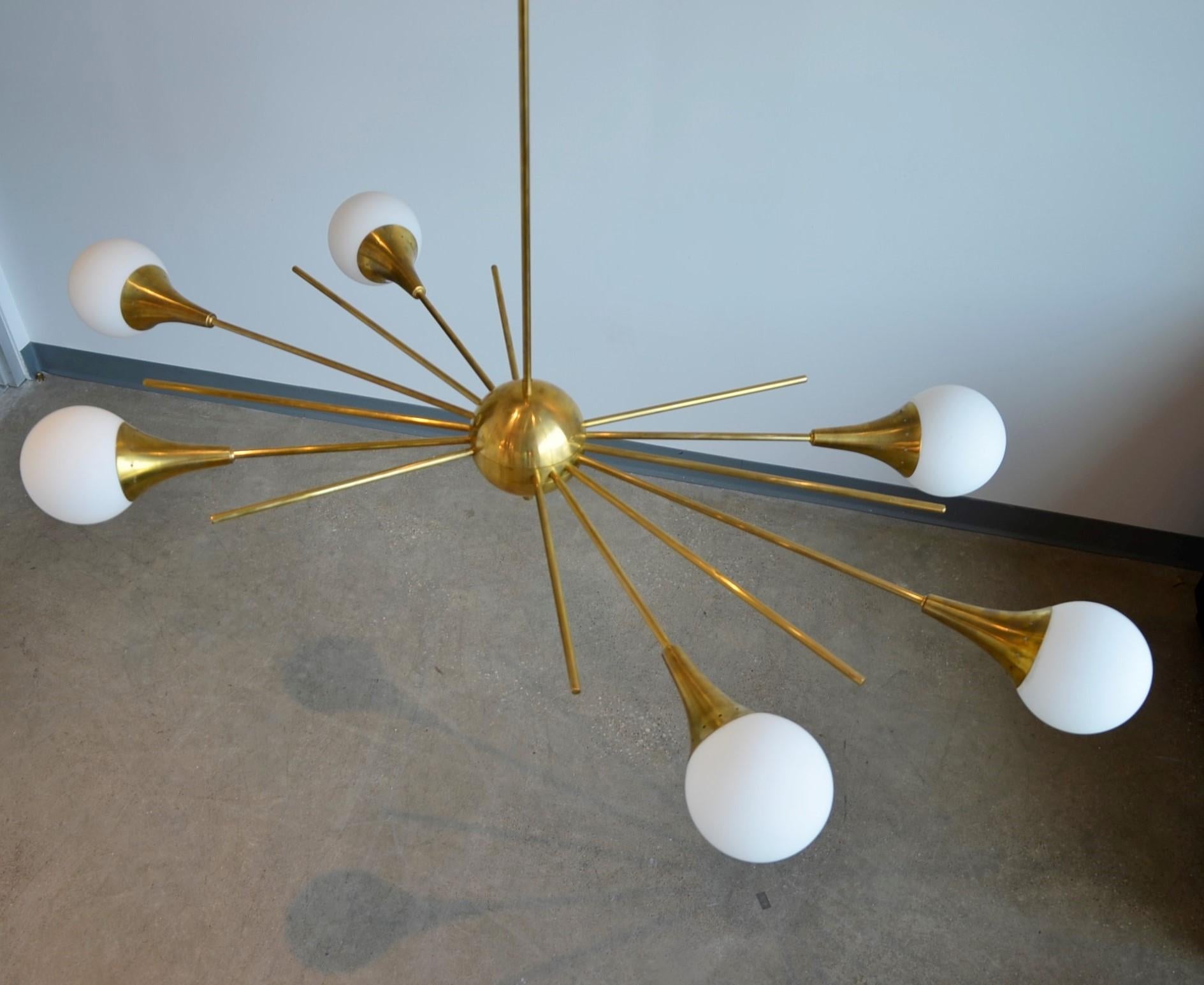 Italian Stilnovo Style Brass Frame & 6 Torchère w/ White Glass Globe Sputnik Chandelier For Sale