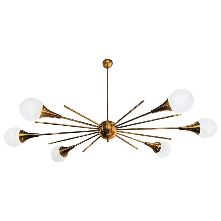 Stilnovo Style Brass Frame And 6 Torchiere W White Glass Globe