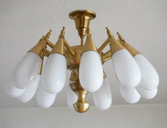 Stilnovo Style Brass Hand Blown Opaline Glass Twelve-Light Flush Mount, 1960s