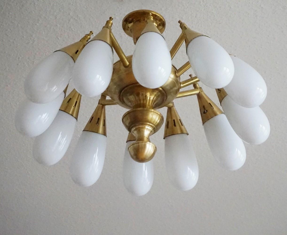 Mid-Century Modern Stilnovo Style Brass Hand Blown Opaline Glass Twelve-Light Flush Mount, 1960s