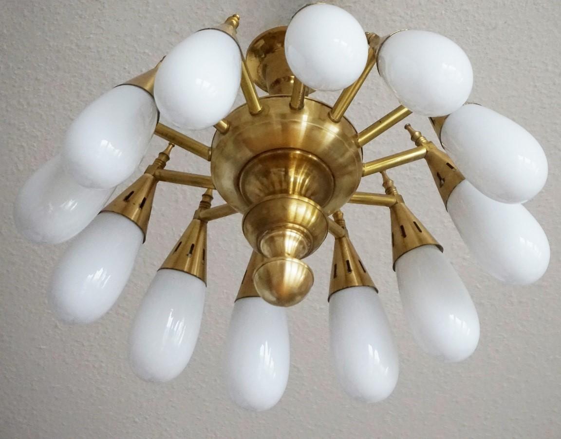 Polished Stilnovo Style Brass Hand Blown Opaline Glass Twelve-Light Flush Mount, 1960s