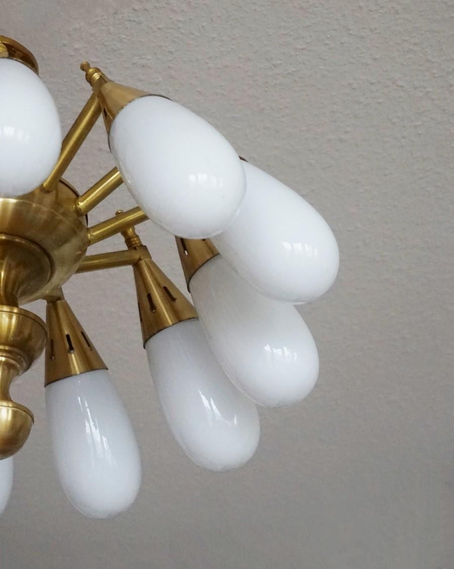 Stilnovo Style Brass Hand Blown Opaline Glass Twelve-Light Flush Mount, 1960s In Good Condition In Frankfurt am Main, DE