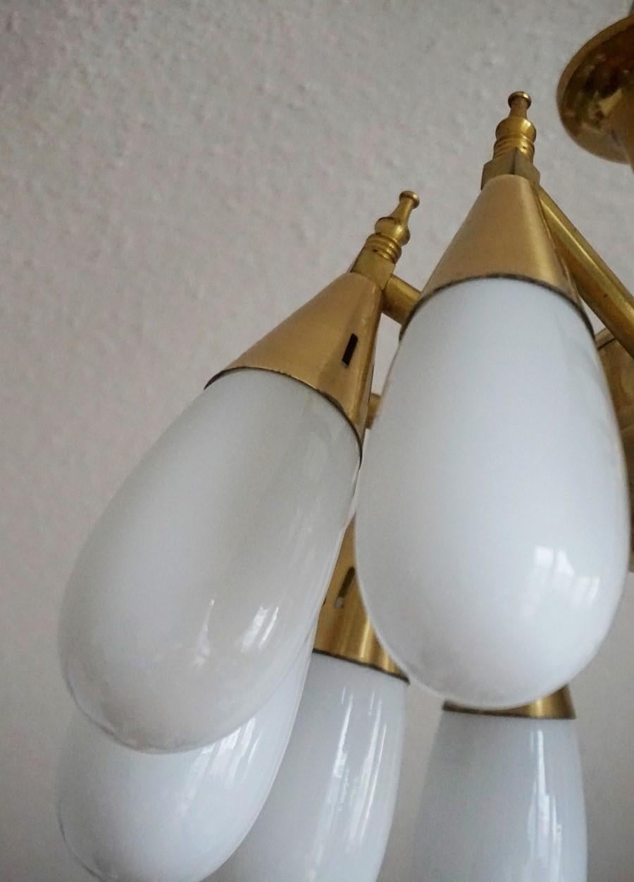 Stilnovo Style Brass Hand Blown Opaline Glass Twelve-Light Flush Mount, 1960s 1