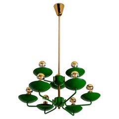 Stilnovo Style Chandelier Brass and Green Metal, Italy, 1960s
