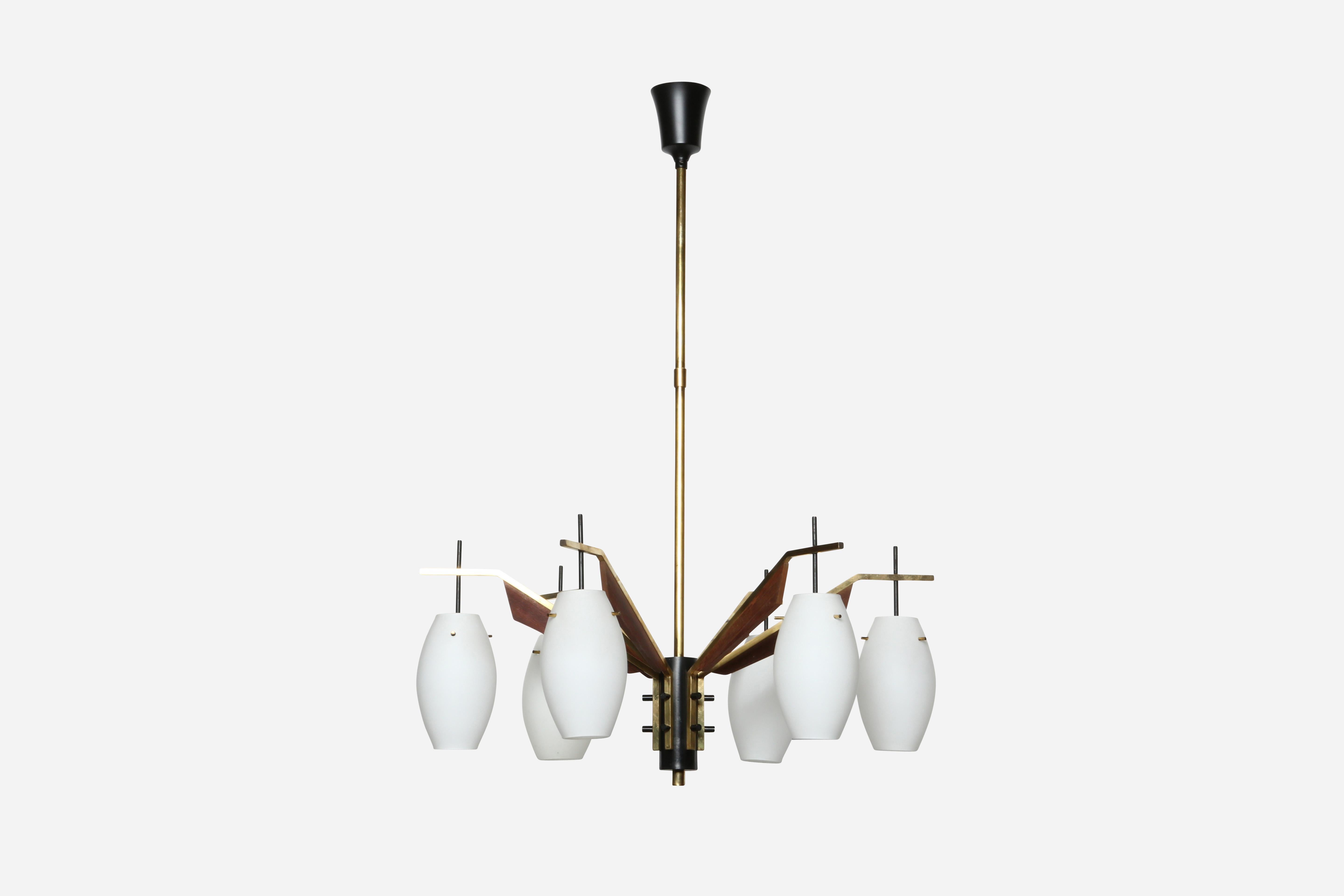 Stilnovo style chandelier.
Designed and made in Italy, 1960s.
Opaline glass, brass, wood, enameled metal.
Takes six candelabra bulbs.
Complimentary US rewiring upon request.

We take pride in bringing vintage fixtures to their full glory again.
At