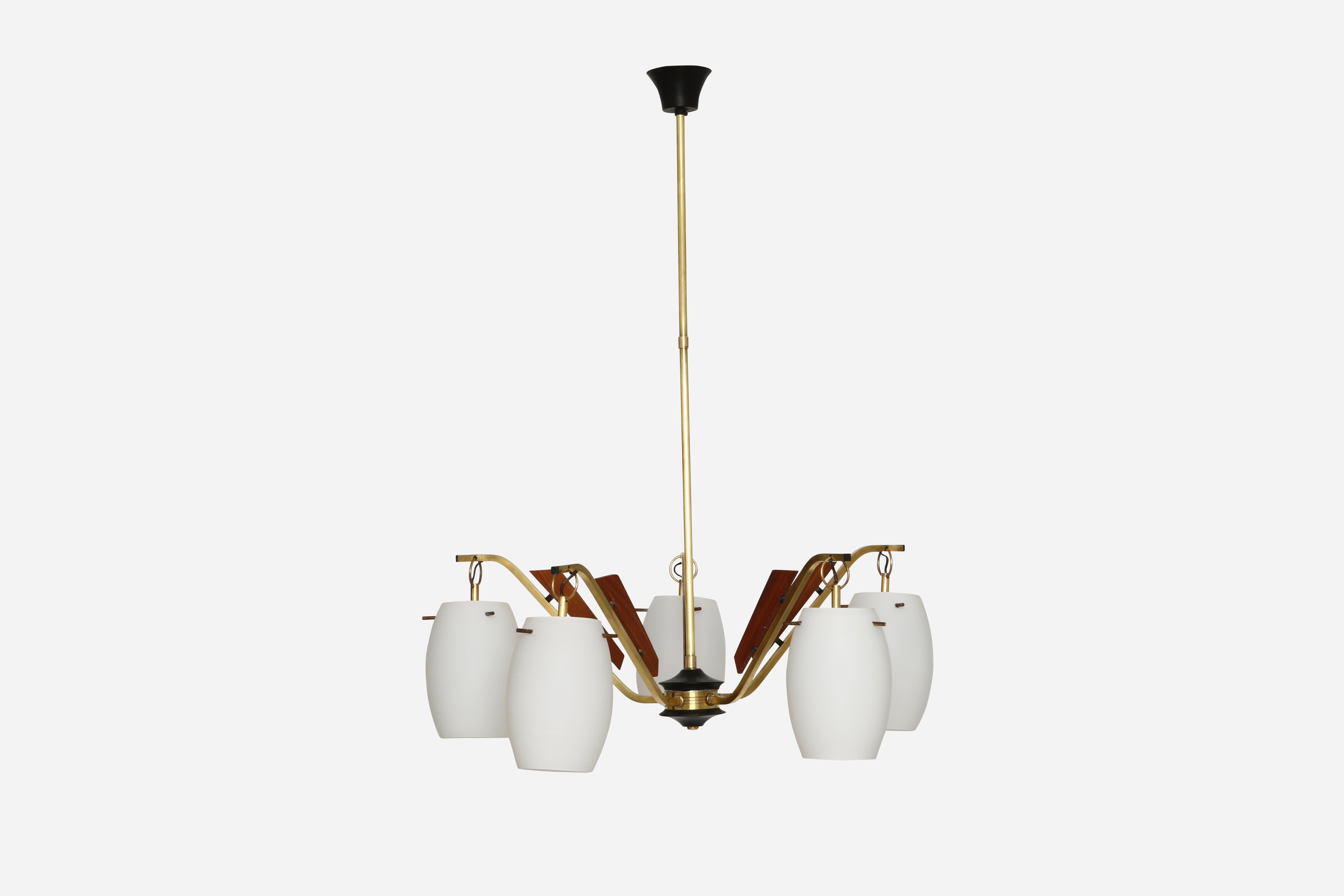 Stilnovo style chandelier.
Five arms with white glass shades.
Candelabra sockets.    
    